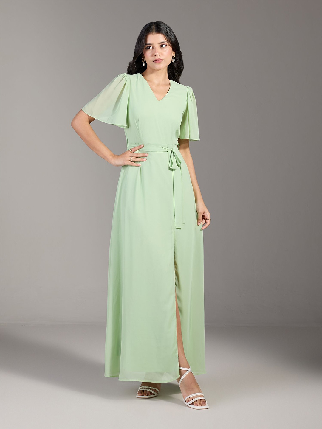 

20Dresses Solid V Neck Flared Sleeve Georgette Maxi Dress, Green