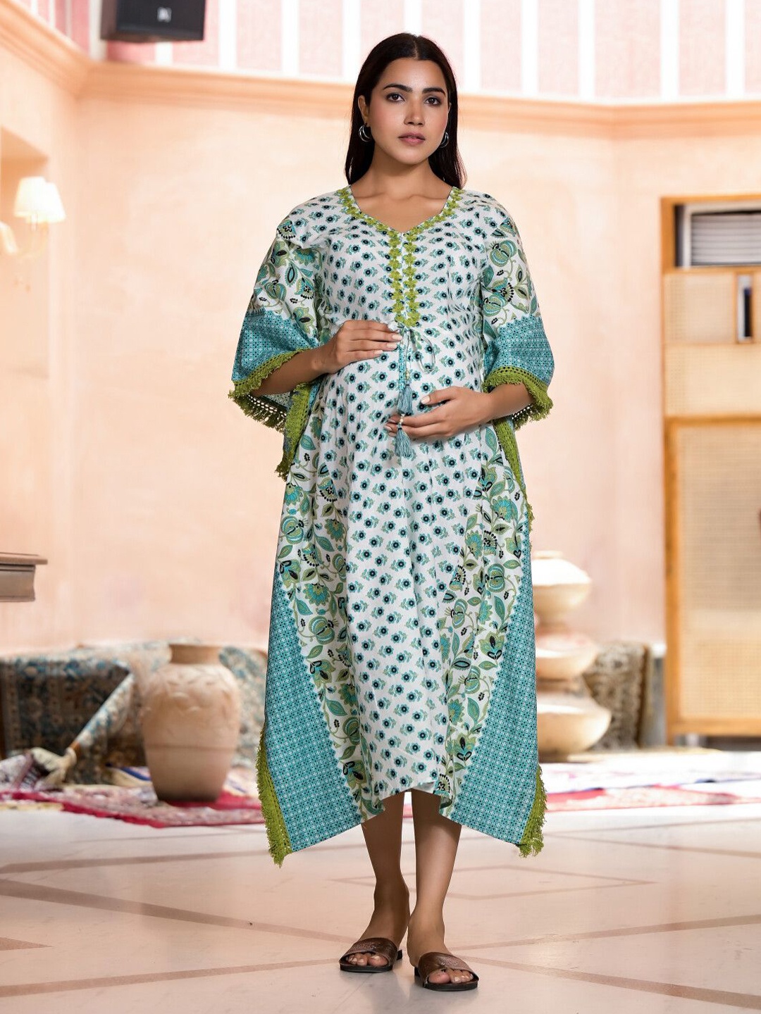 

Aujjessa Floral Print Maternity Kaftan Midi Dress, Turquoise blue