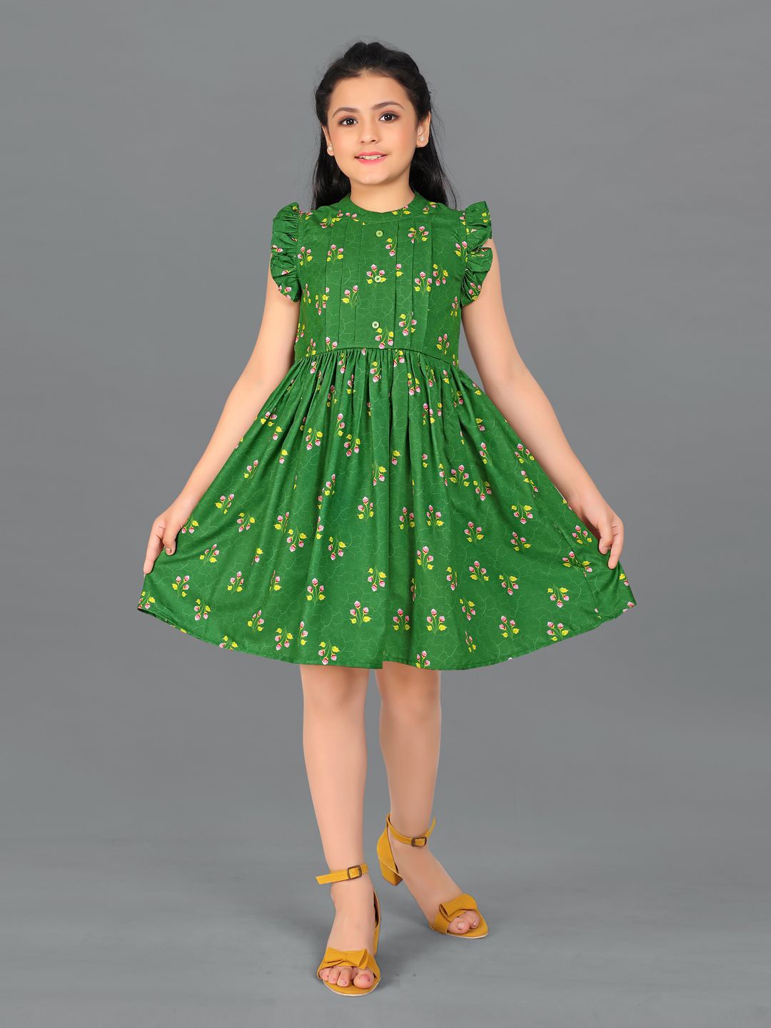 

BAESD Girls Floral Printed Flutter Sleeves Crepe Fit & Flare Dress, Green