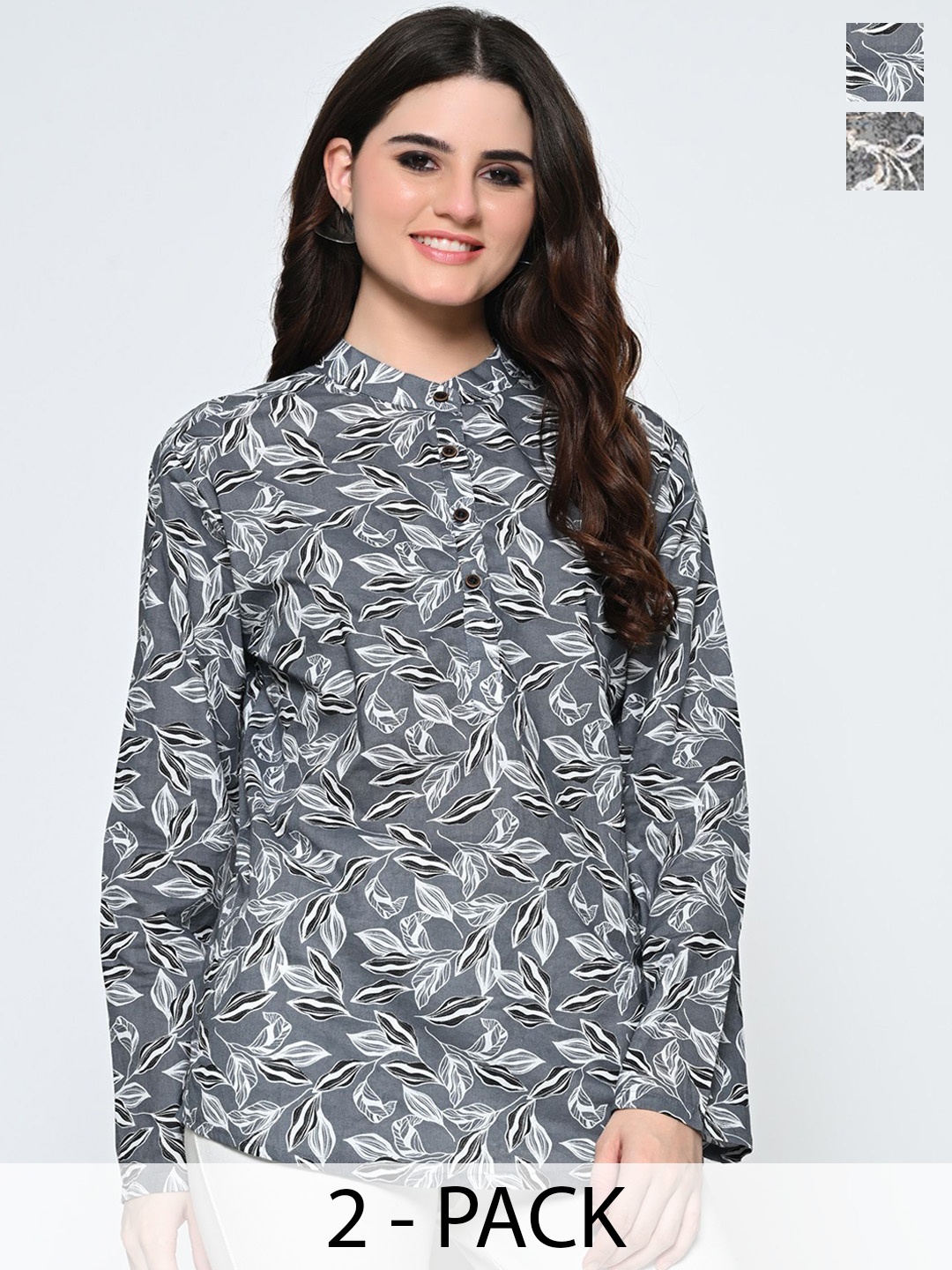 

BAESD Pack Of 2 Mandarin Collar Pure Cotton Printed Tunic, Grey