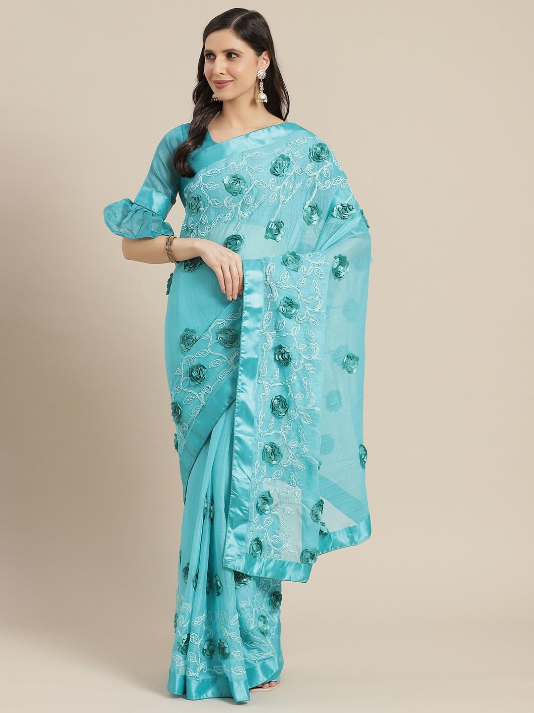 

KALINI Floral Embroidered Pure Chiffon Saree, Turquoise blue