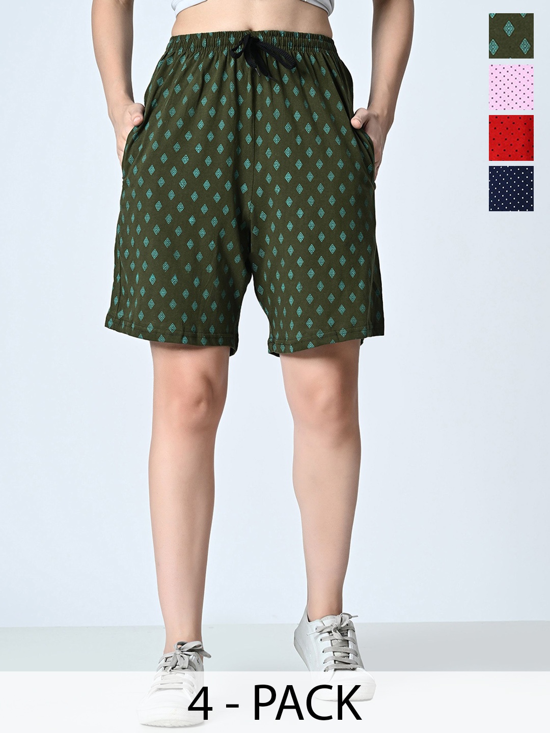

BAESD Women Pack Of 4 Cotton Printed High-Rise Shorts, Green