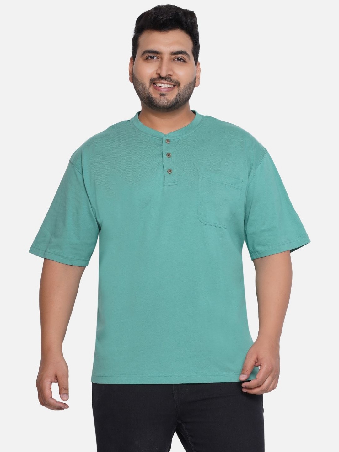 

Santonio Men Plus Size Solid Henley Neck Cotton T-Shirt, Green