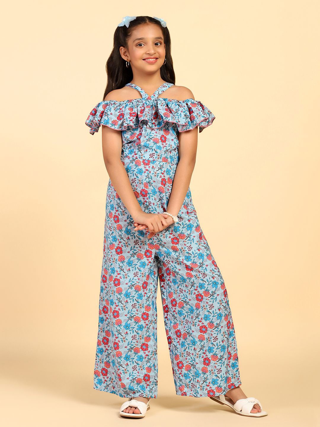 

BAESD Girls Printed Basic Off-Shoulder Jumpsuit with Ruffles, Blue