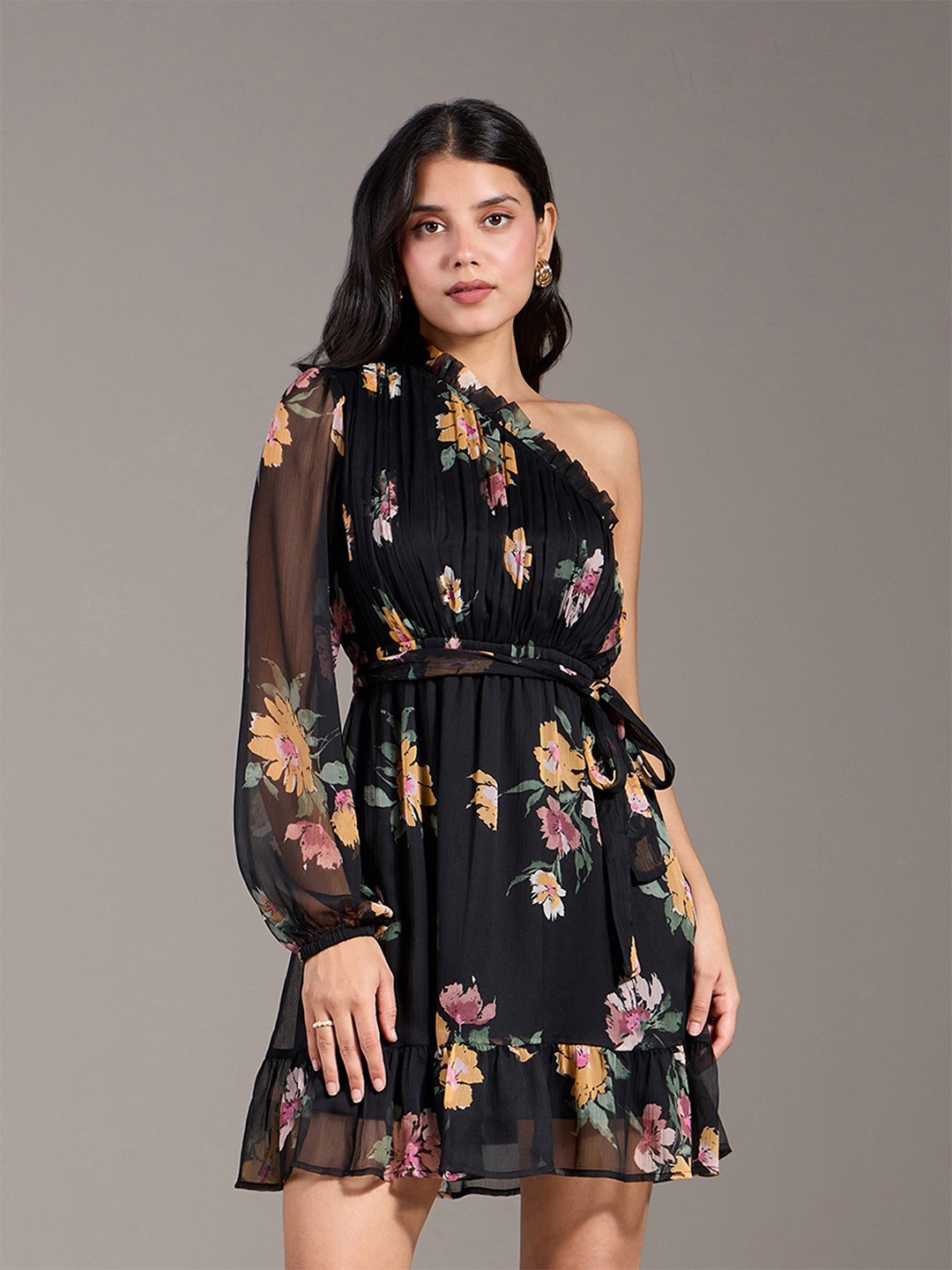 

20Dresses Women Floral Printed Puff Sleeve Chiffon Fit & Flare Dress, Black