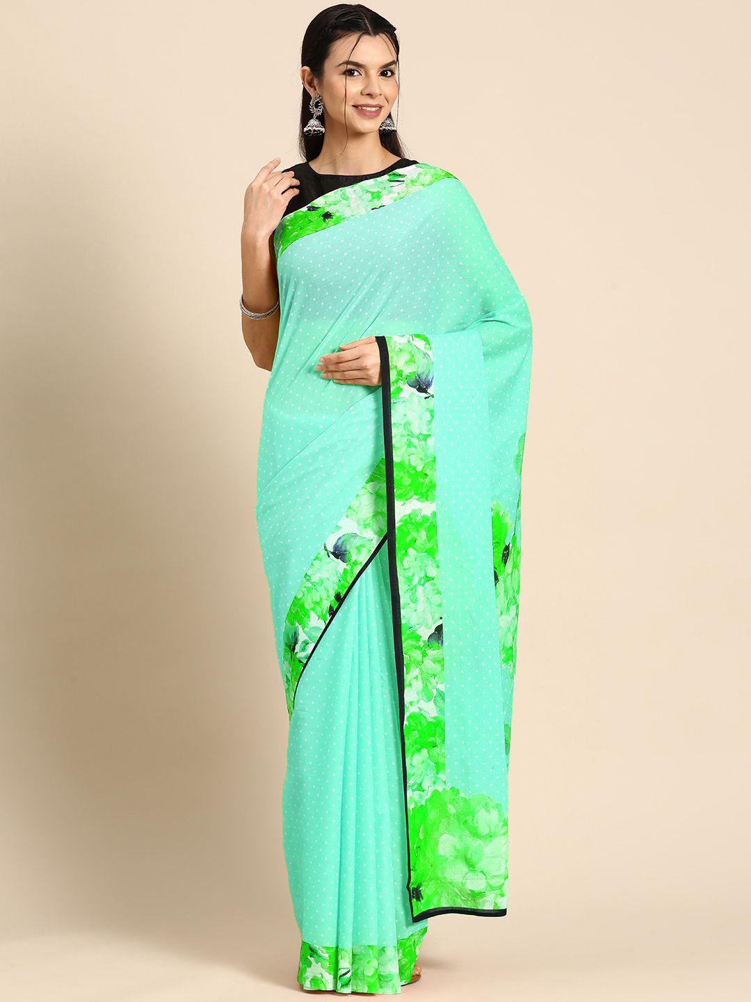 

BUTA BUTI Floral Pure Cotton Saree, Turquoise blue