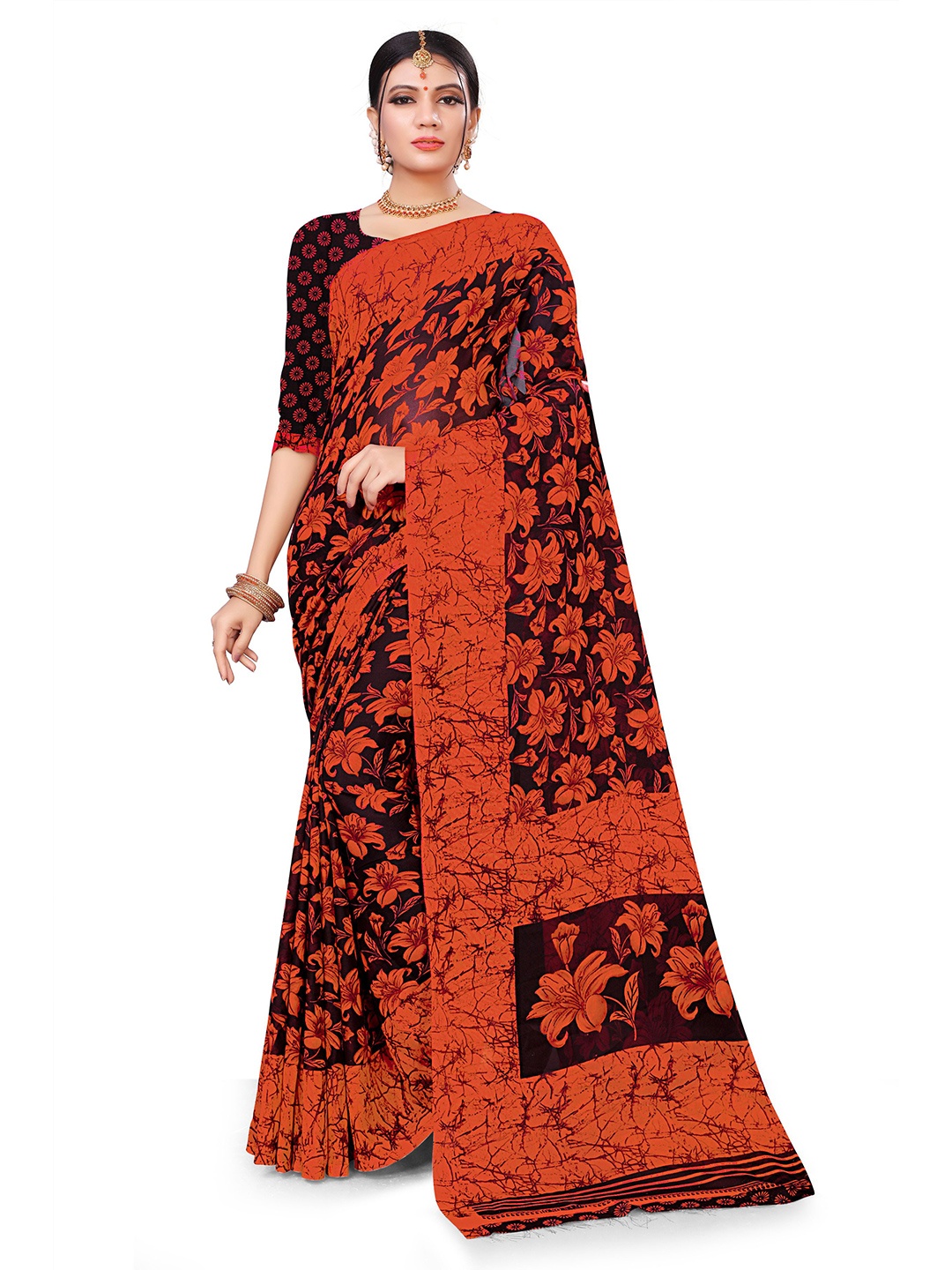 

RUNAYA NX Printed Floral Pure Georgette Block Print Saree, Black