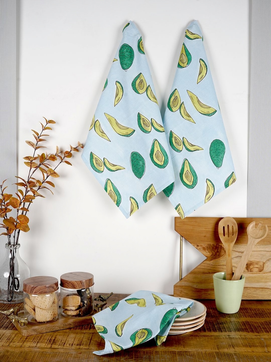 

Ratan Cart Grey & Green 3 Pieces Floral Printed Pure Cotton Kitchen Towels, Blue