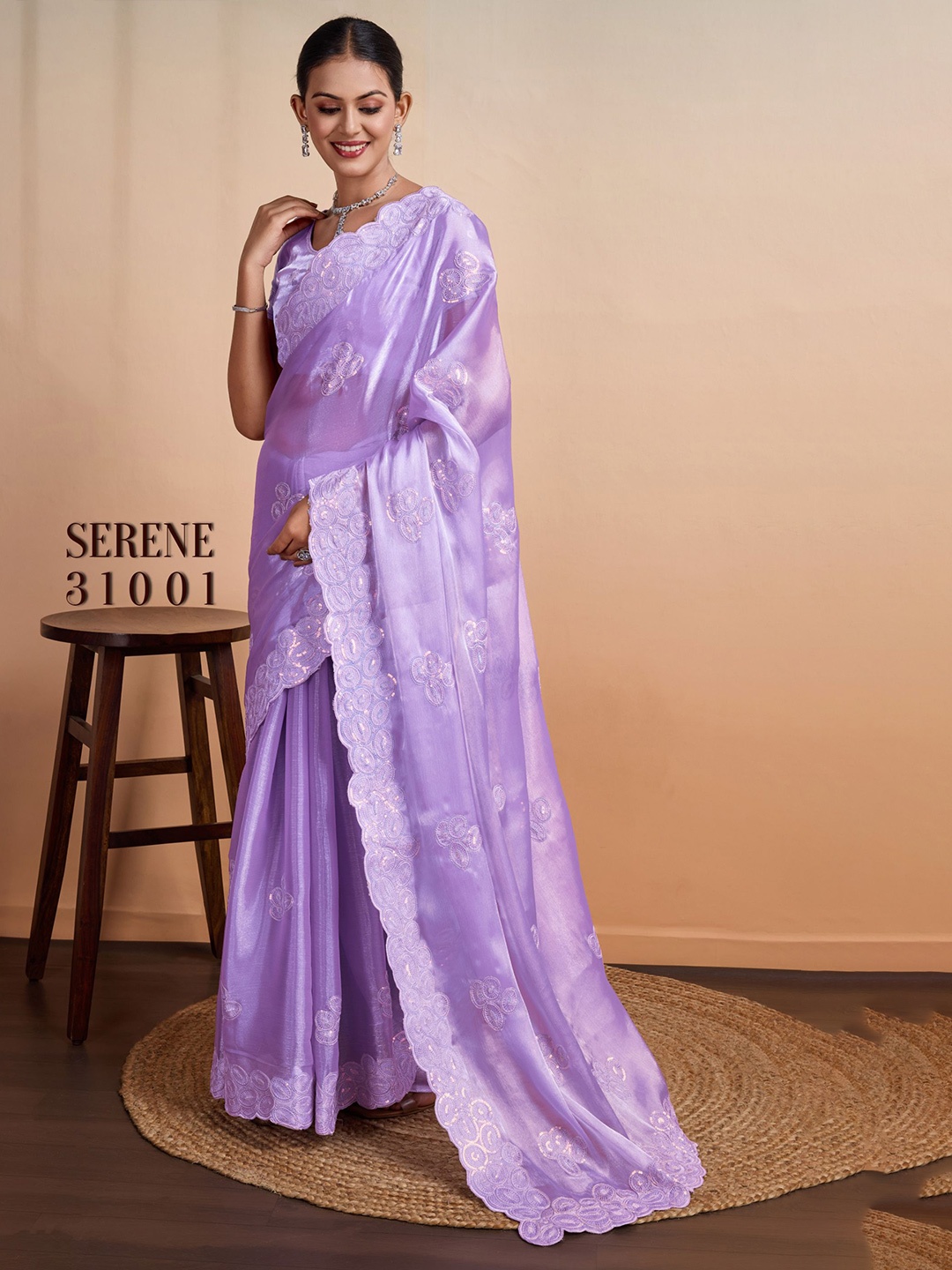 

KIMISHA Ethnic Motifs Sequinned Organza Saree, Lavender