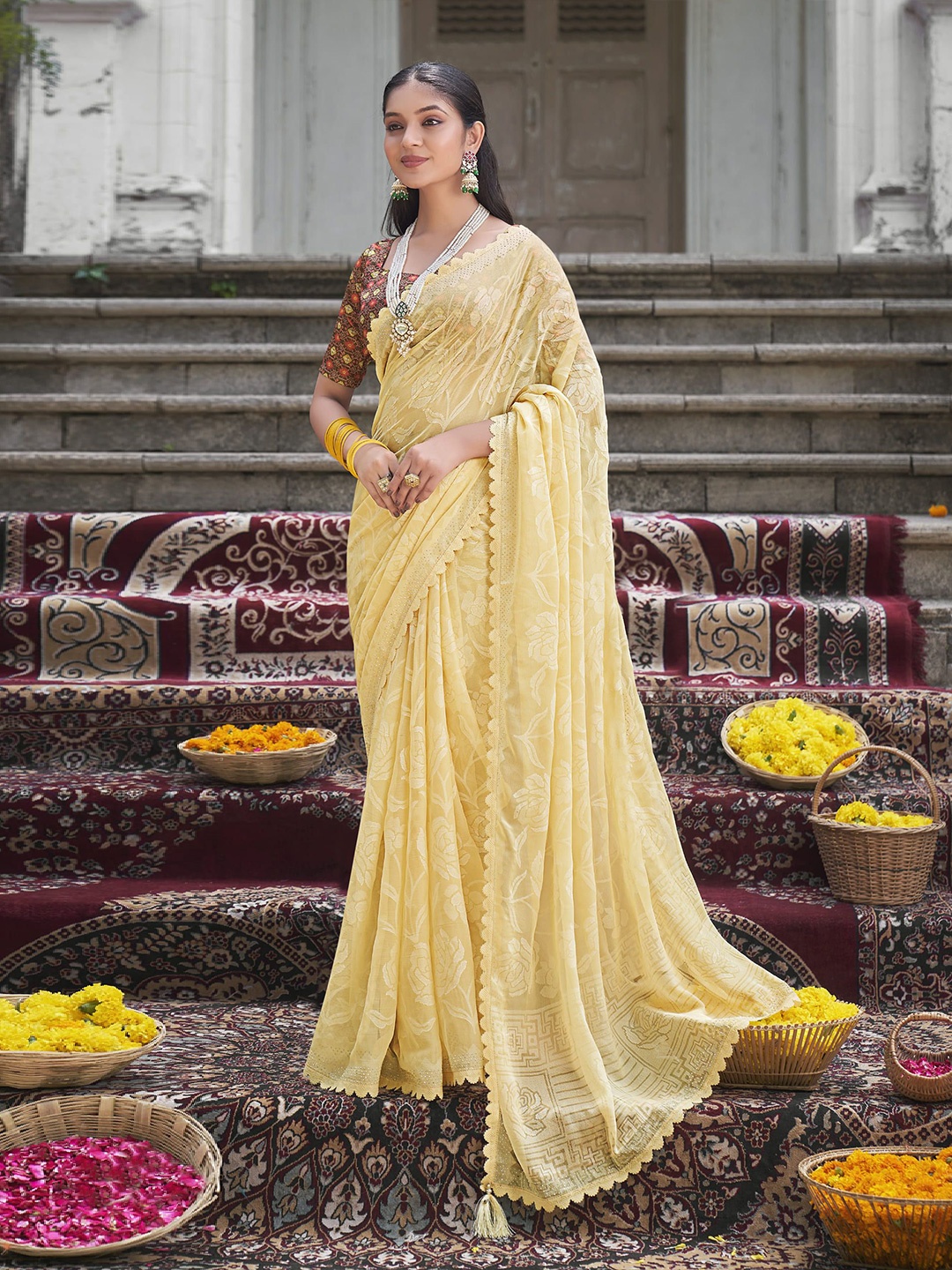 

NIRMAL CREATION Floral Beads and Stones Pure Silk Saree, Yellow