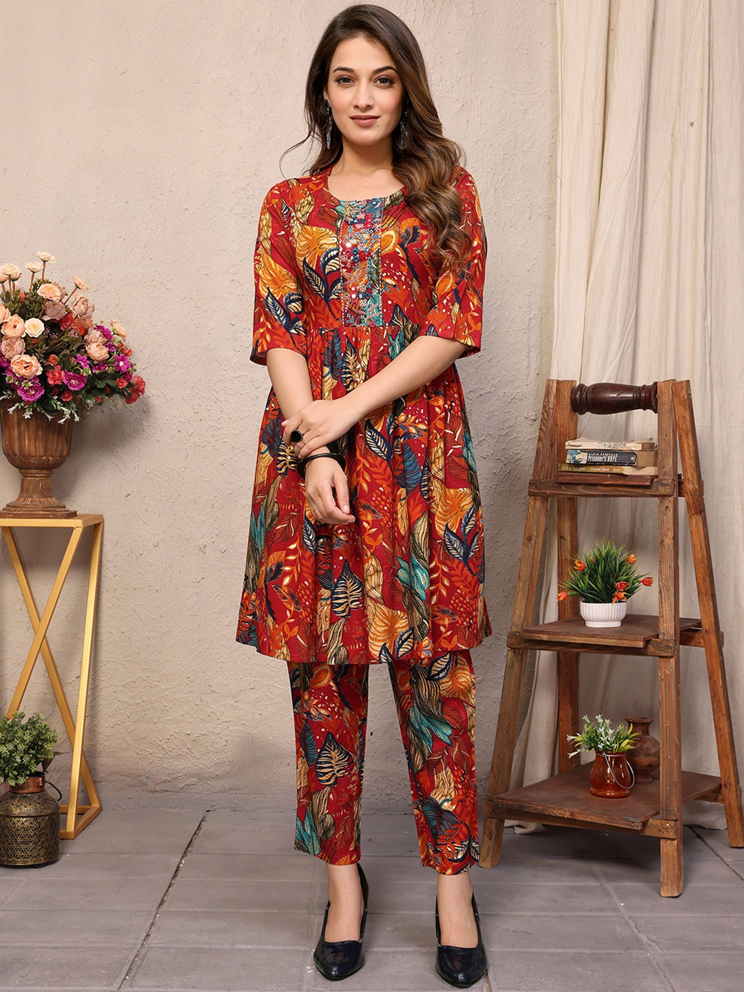 

SUNDARNAARI Floral Embroidered Round Neck Mirror Work Gathered Tunic & Trousers, Orange