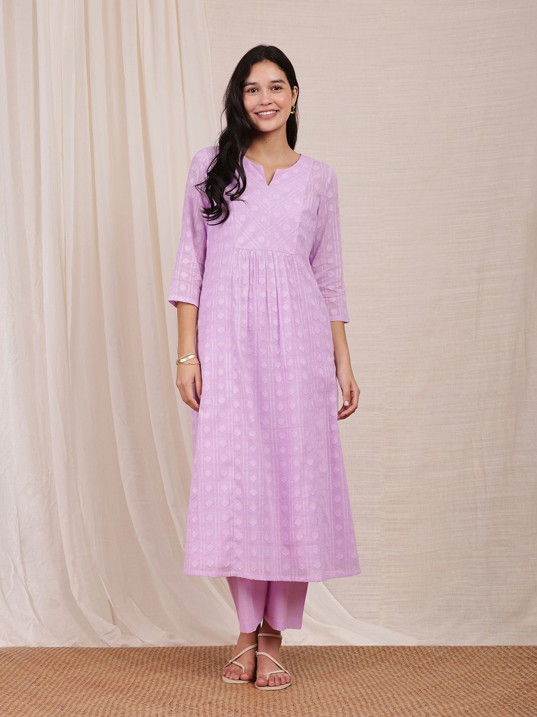 

Pink Fort Geometric Woven Design Notch Neck Cotton Jacquard A-Line Kurta, Purple