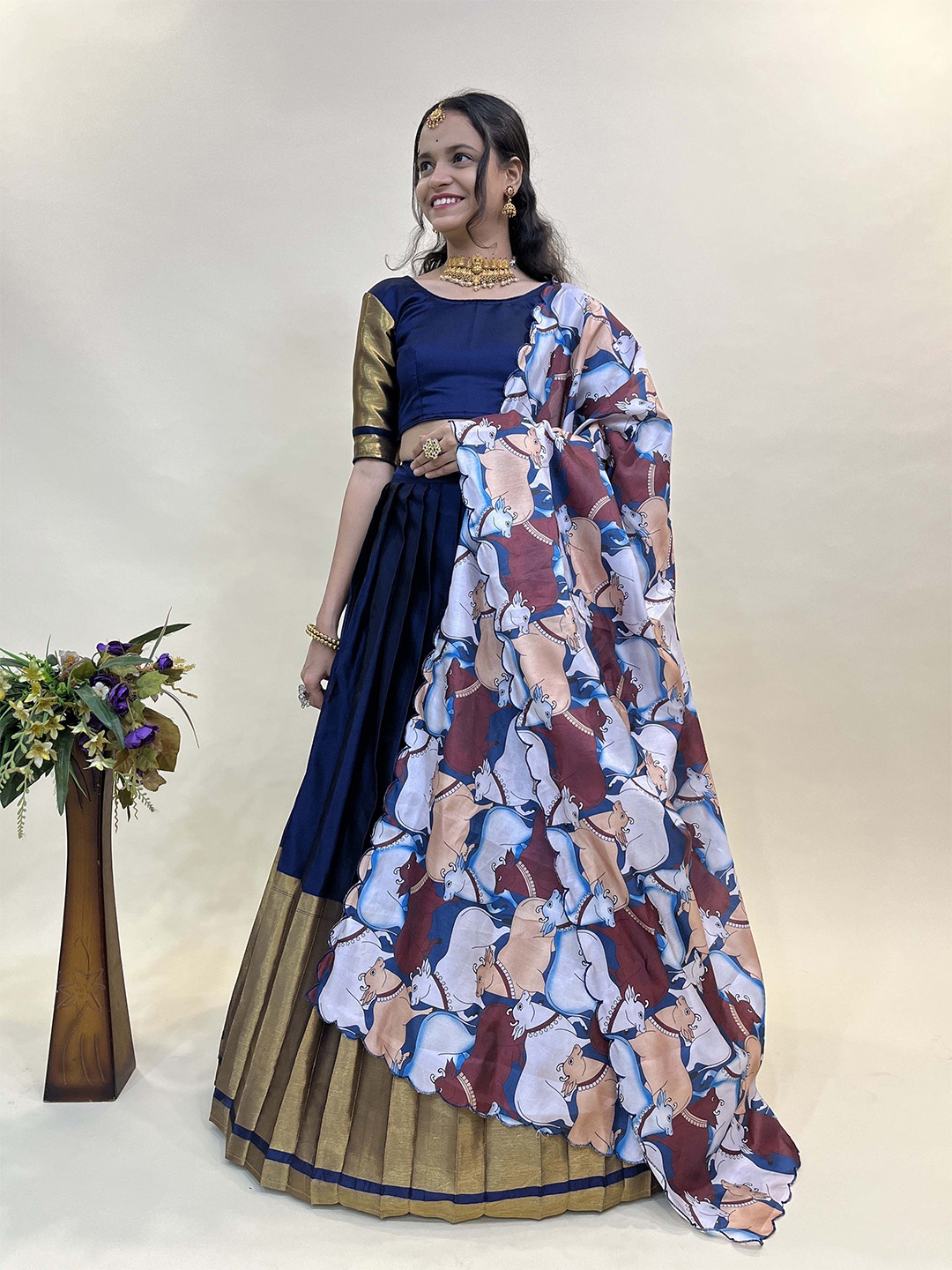 

Fabcartz Woven Design Semi-Stitched Lehenga & Unstitched Blouse With Dupatta, Navy blue