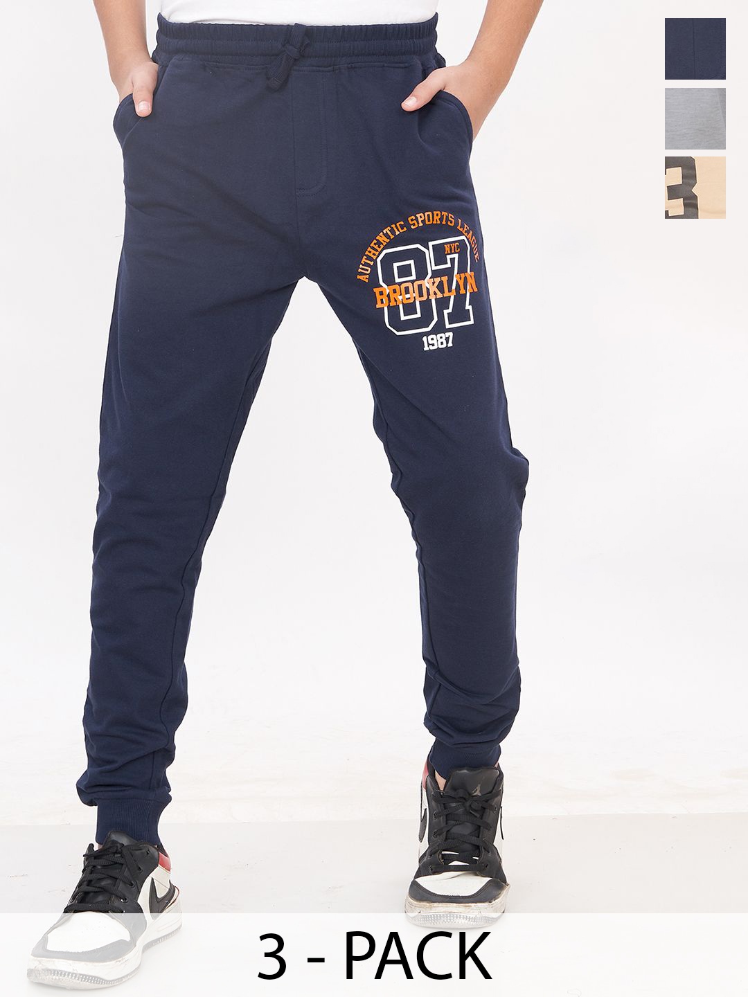 

Elzoh Boys Pack Of 3 Printed Mid Rise Joggers, Navy blue