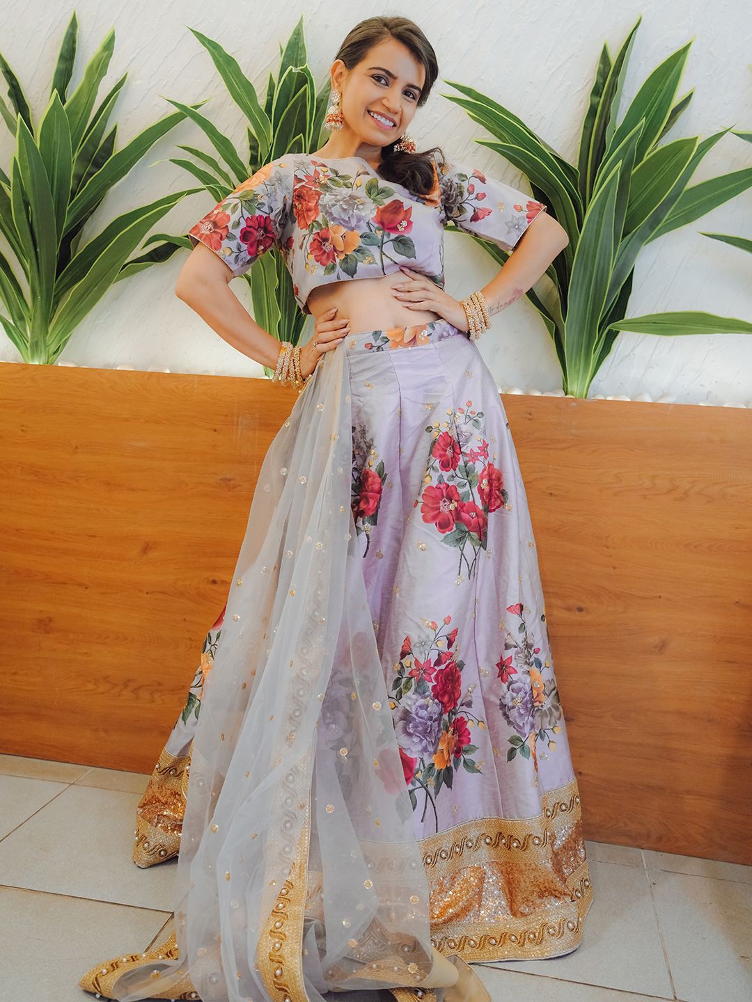 

FABPIXEL Floral Printed Sequinned Semi-Stitched Lehenga & Unstitched Blouse With Dupatta, Grey