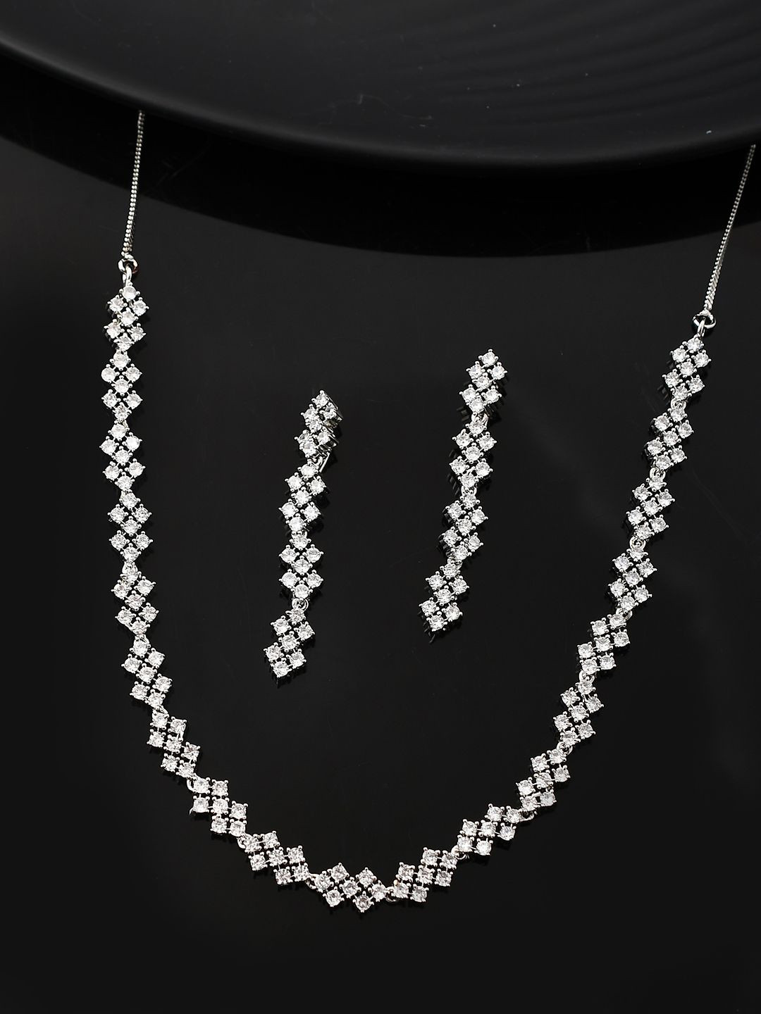 

Voylla Rhodium-Plated Sparkling Elegance Radiant Luxe American Diamond Jewellery Set, Silver