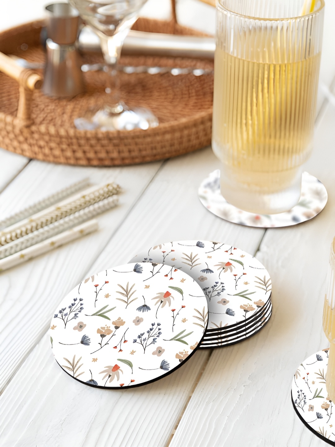 

macmerise White & Green 6 Pieces Floral Printed Wooden Circular Coasters