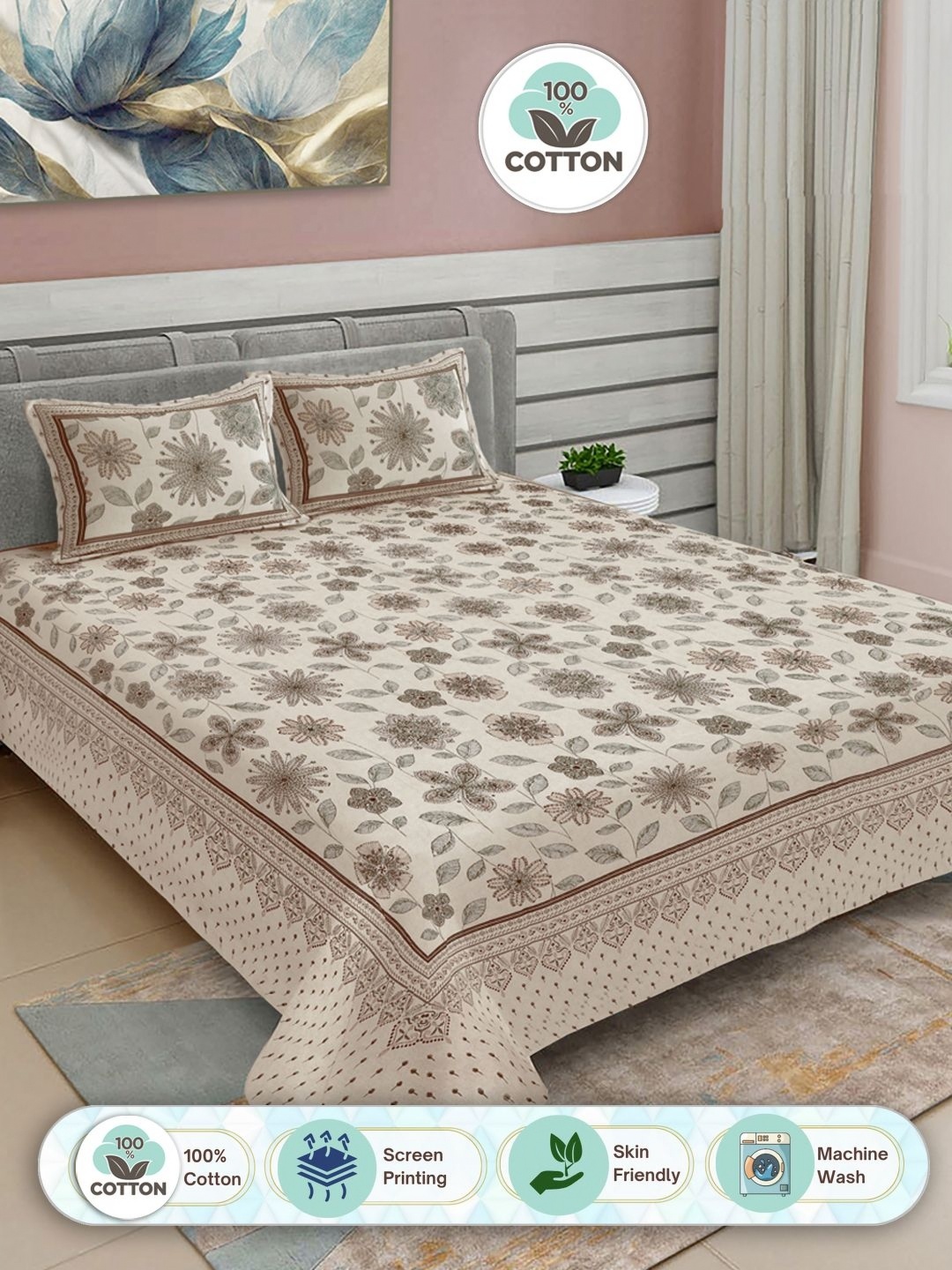 

FABINALIV Brown & Beige Floral Print Pure Cotton King Size Bedsheet & 2 Pillow Covers