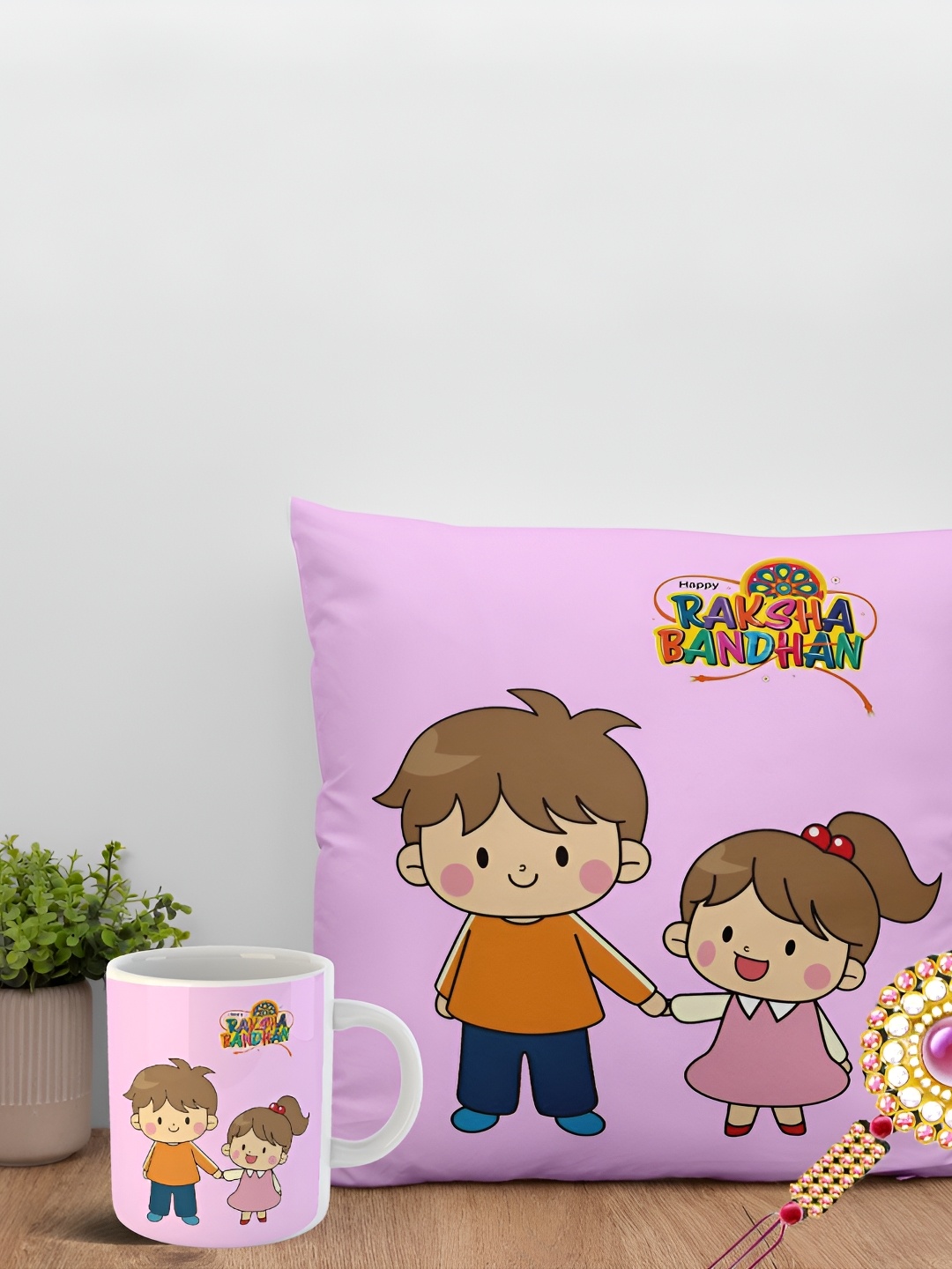 

ARTBUG Set Of 3 Rakhi With Printed Mug & Cushion, Gold