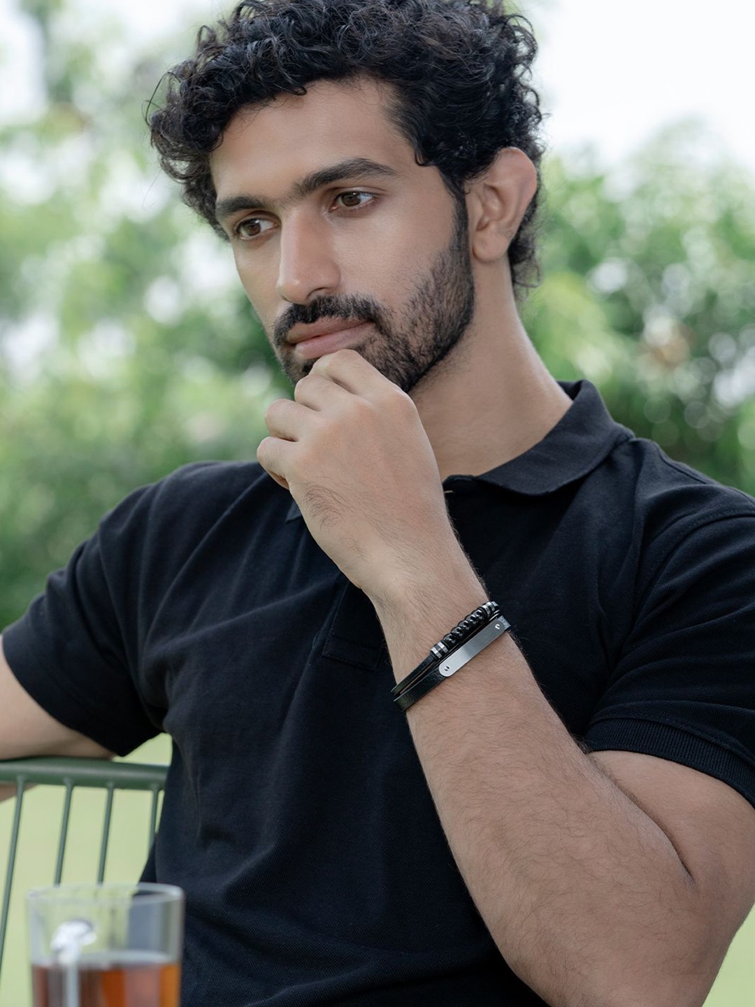 

SWASHAA Wiiliams Men Leather Silver Plated Wraparound Bracelet, Black
