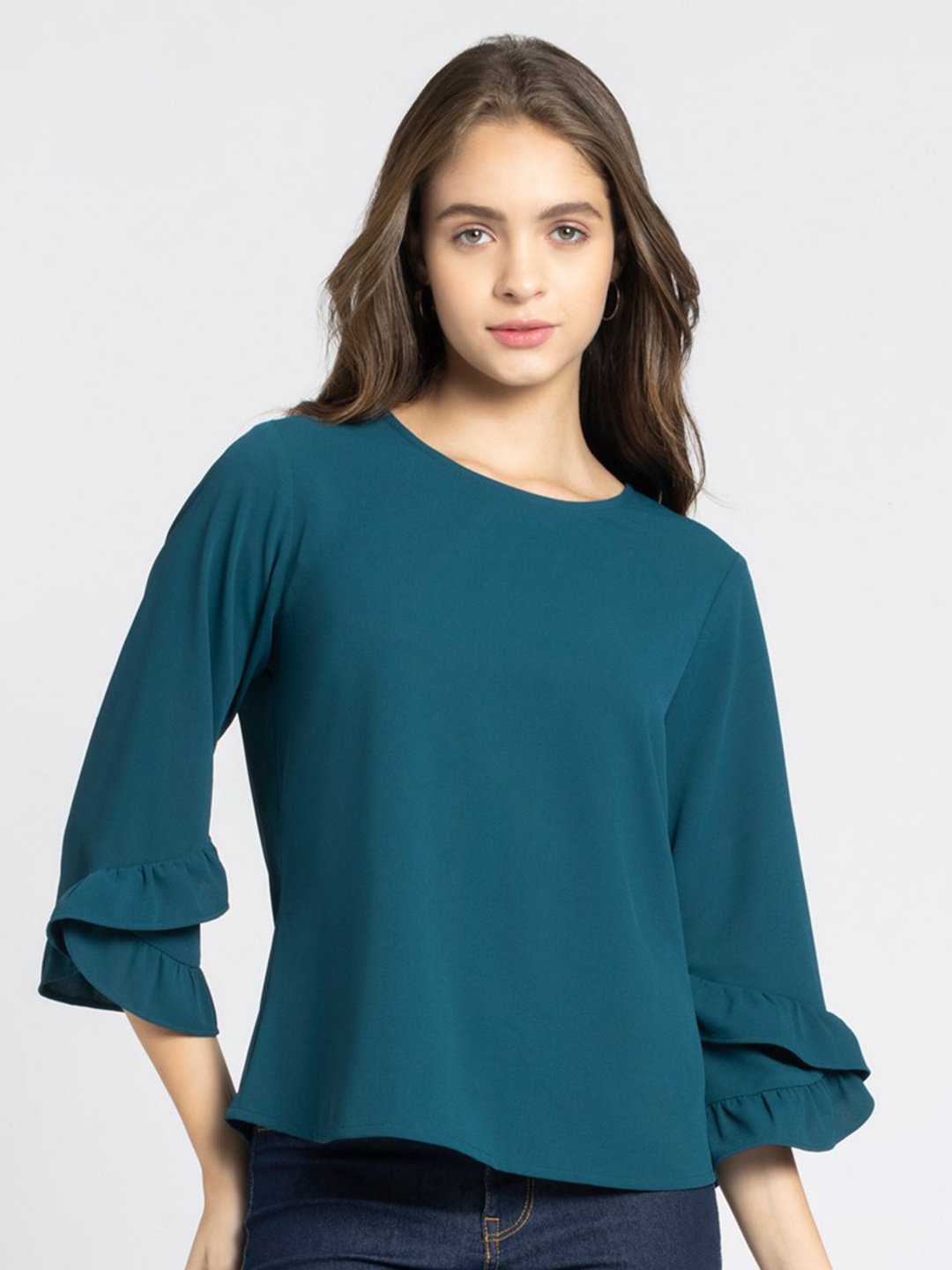 

SHAYE Bell Sleeve Solid Round Neck Top, Teal