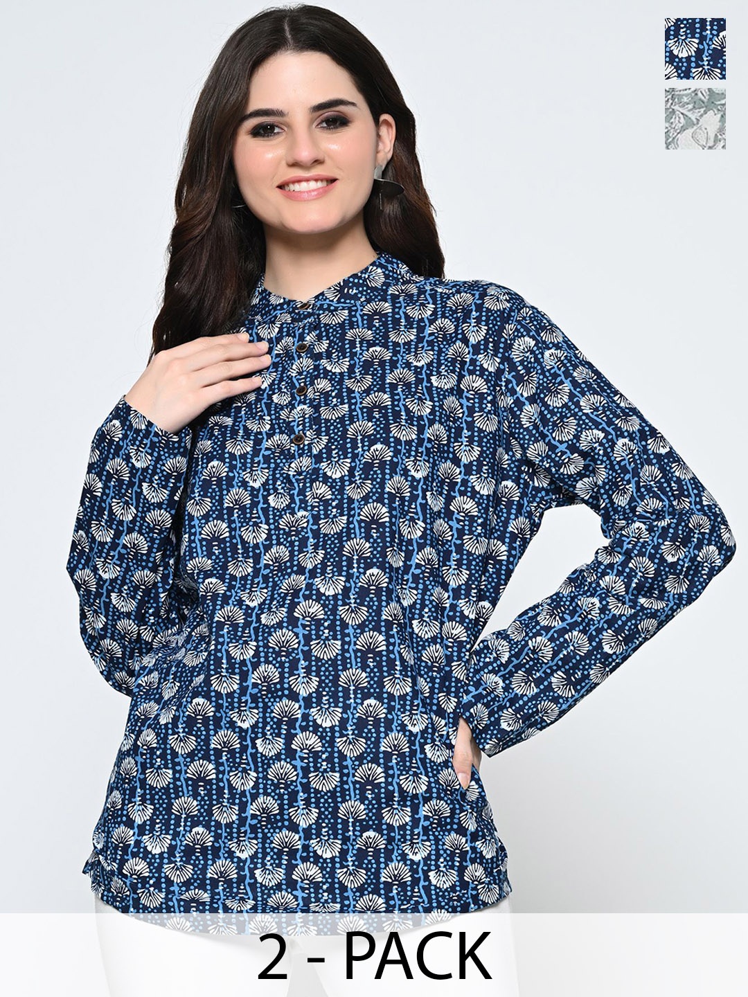

BAESD Pack of 2 Floral Printed Band Collar Pure Cotton Short Kurta, Navy blue