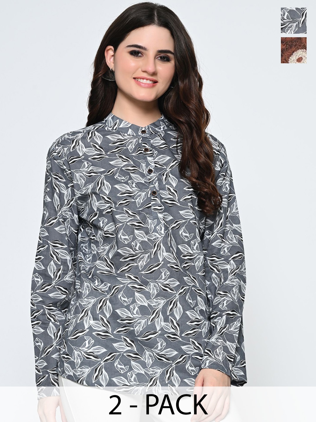 

BAESD Pack of 2 Floral Printed Band Collar Pure Cotton Short Kurta, Grey