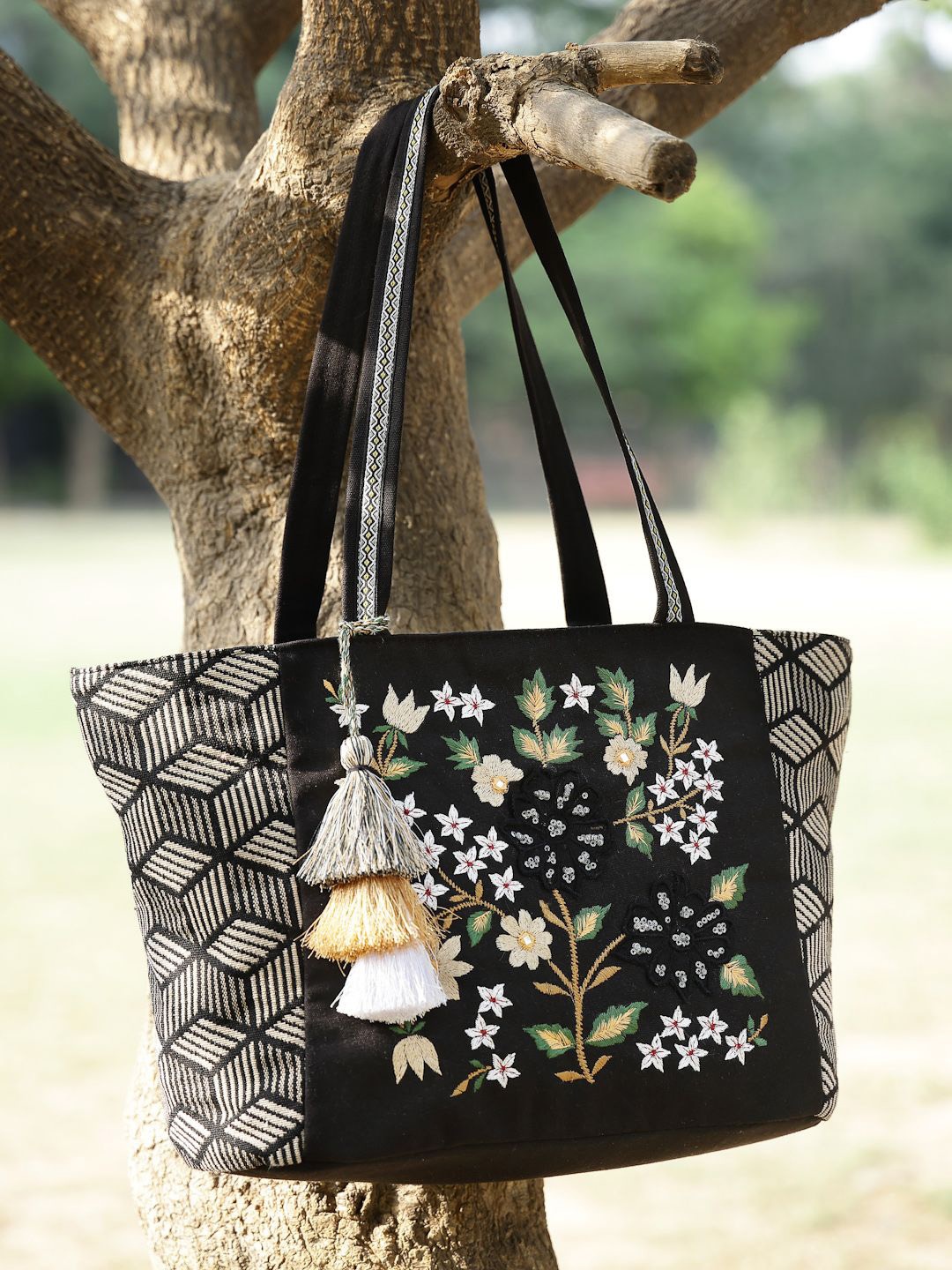 

Anekaant Floral Embroidered Cotton Jacquard Tote Bag, Black