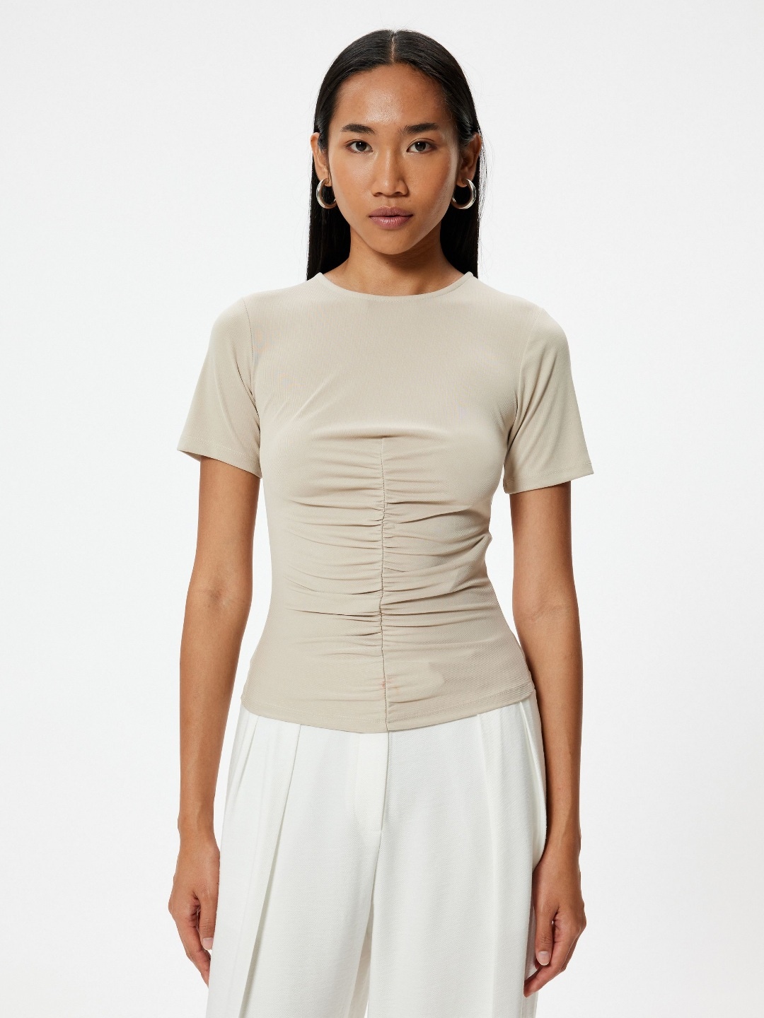 

Koton Women Extended Sleeves Pockets T-shirt, Beige