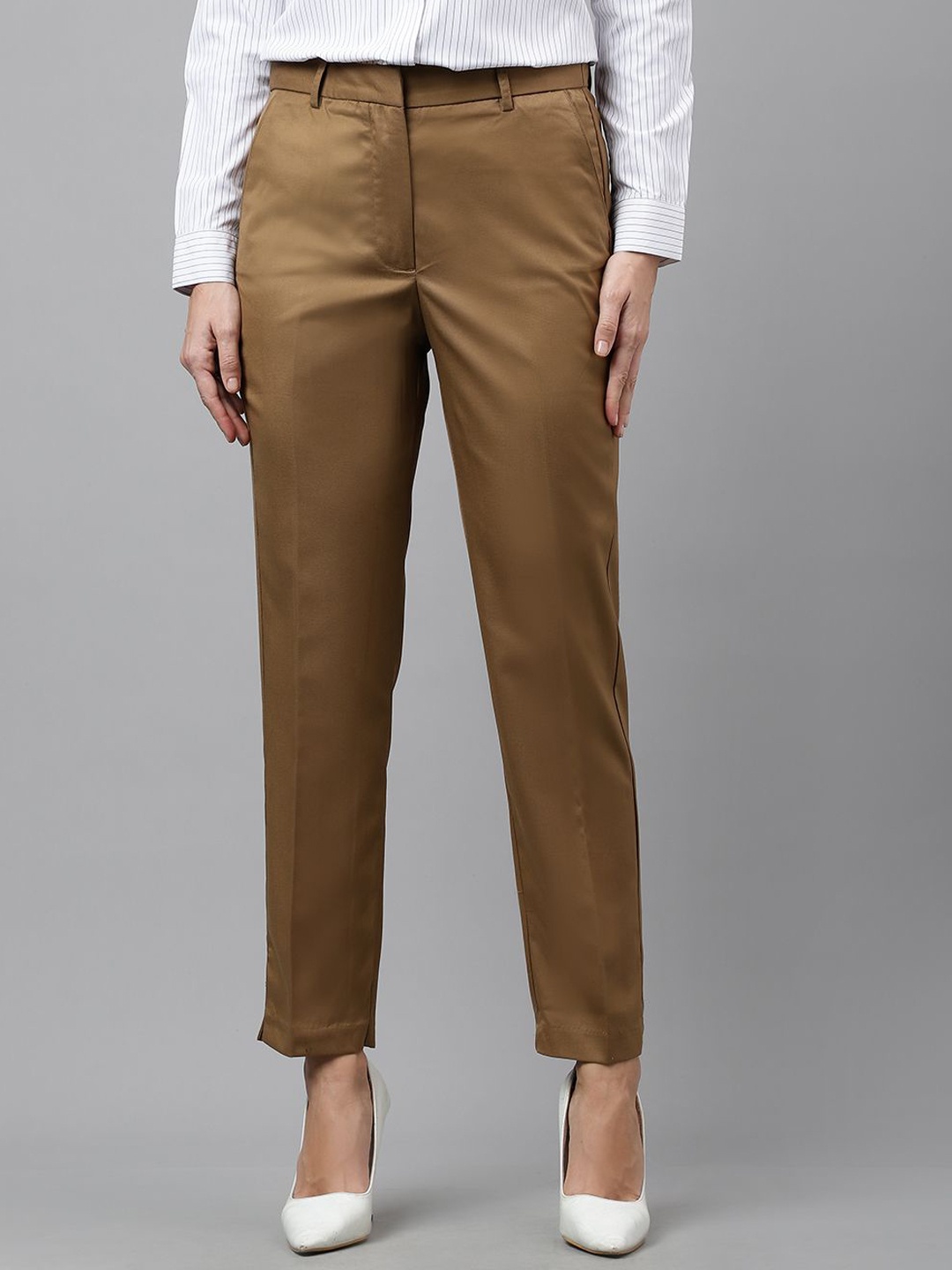 

English Navy Women Sharp Slim Fit High-Rise Formal Trousers, Brown