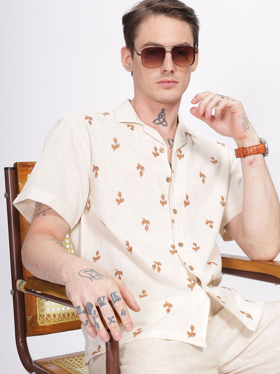 

HAMPTONS Pure Cotton Embroidered Motif Half Sleeve Shirt, Cream