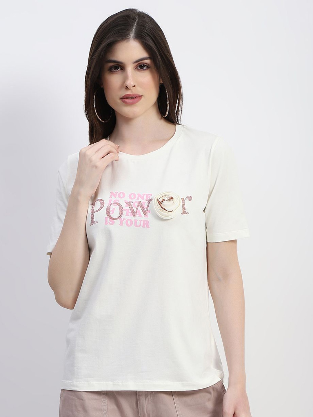 

Madame Women Typography Printed Round Neck Cotton Top, Off white