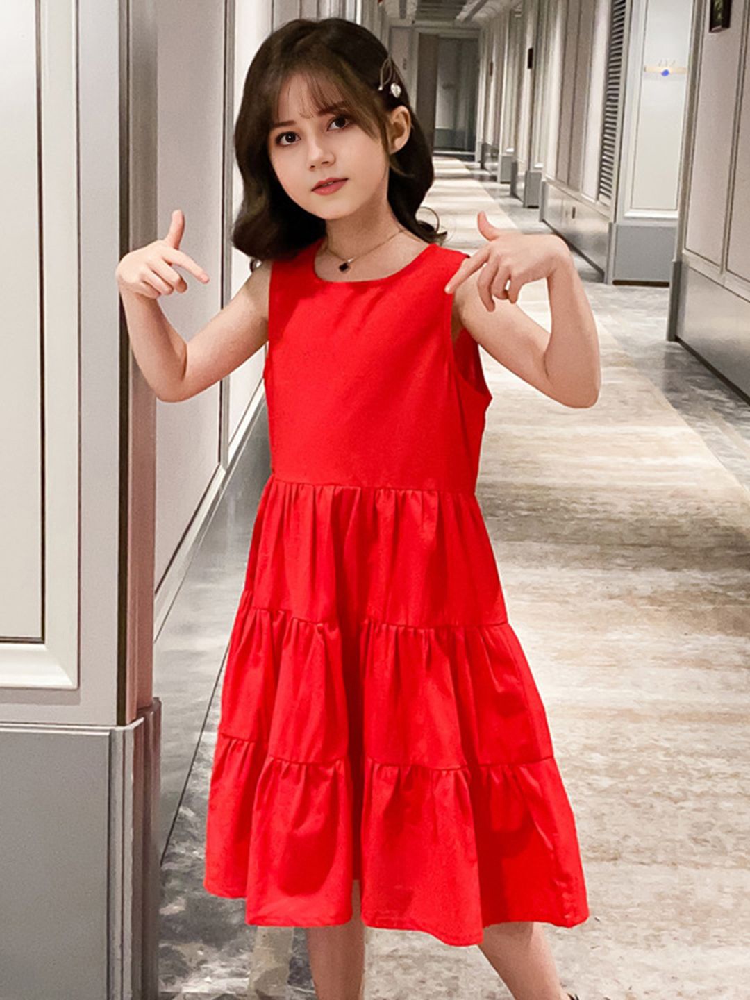 

INCLUD Girls Solid Sleeveless Tiered Fit & Flare Dress, Red
