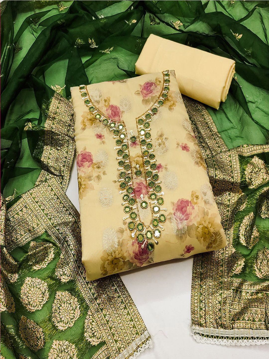 

Lilots Floral Mirror Work Unstitched Dress Material, Yellow
