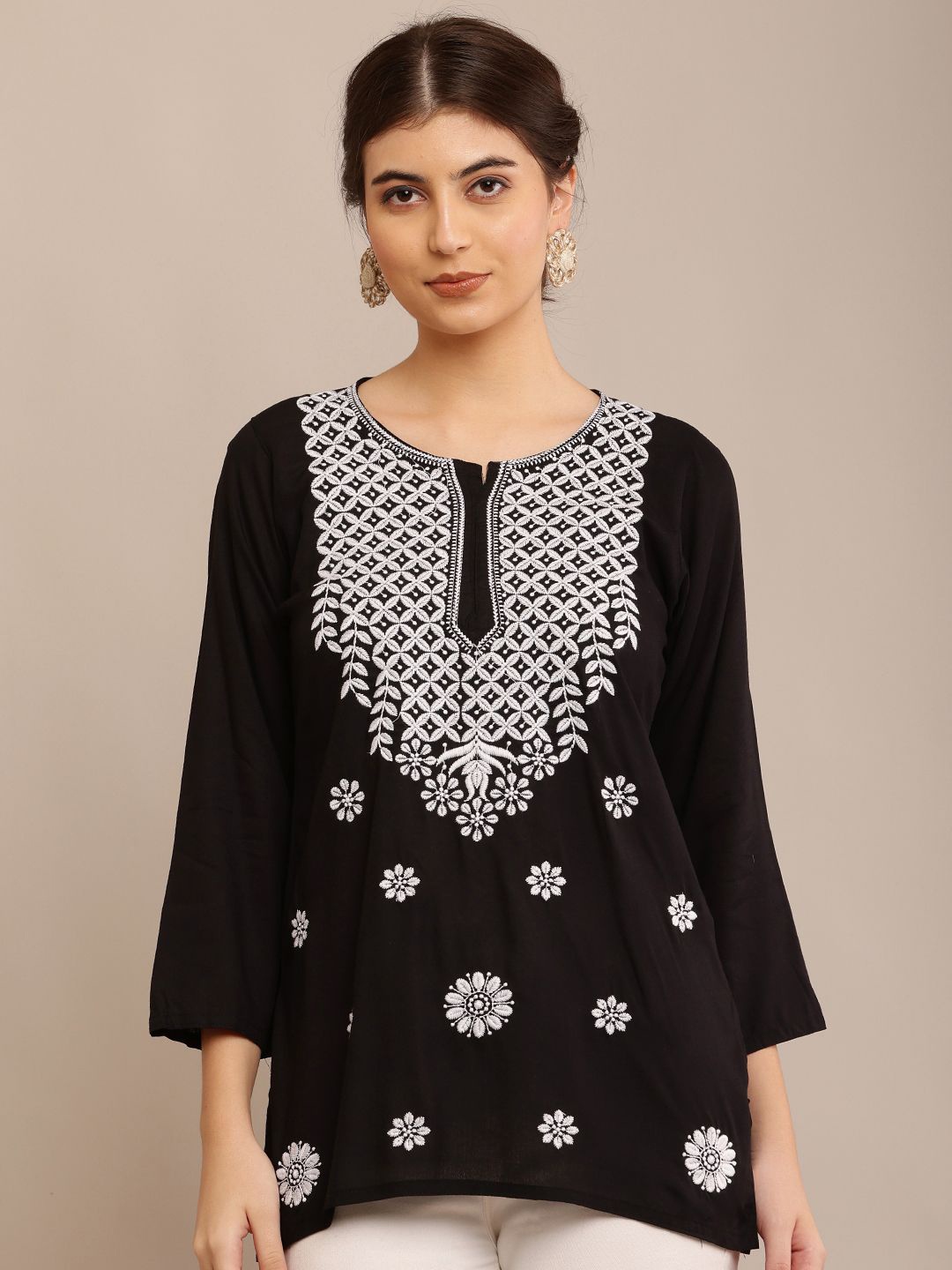 

FAWOMENT Women Ethnic Motifs Round Neck Top, Black