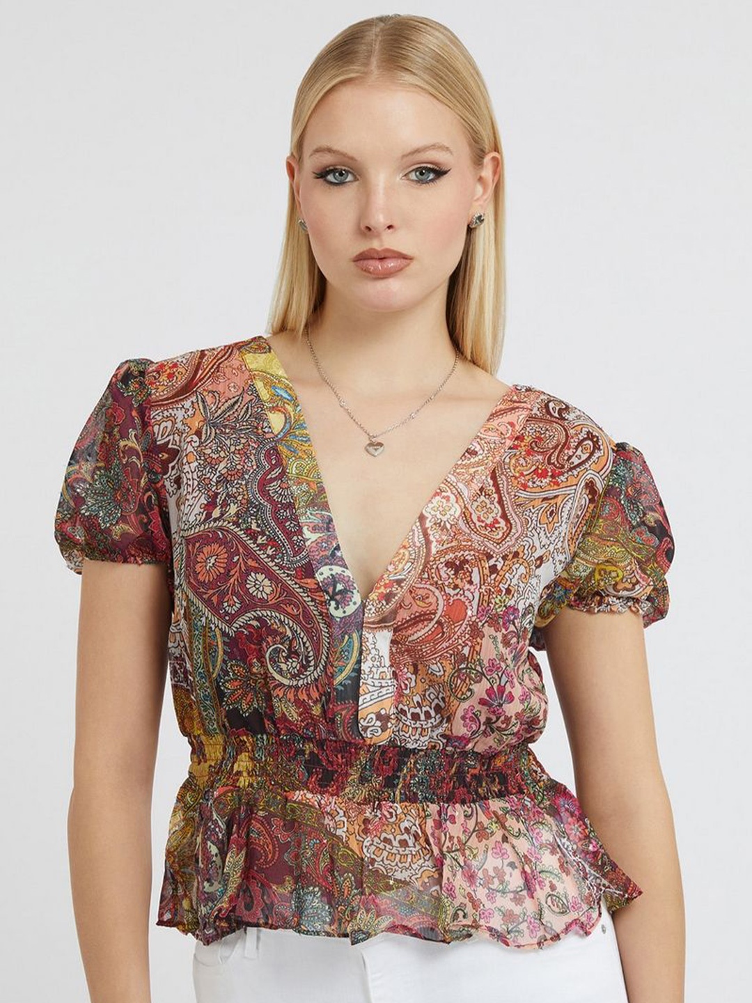 

GUESS Women Floral Printed Round Neck Cotton Top, Multi