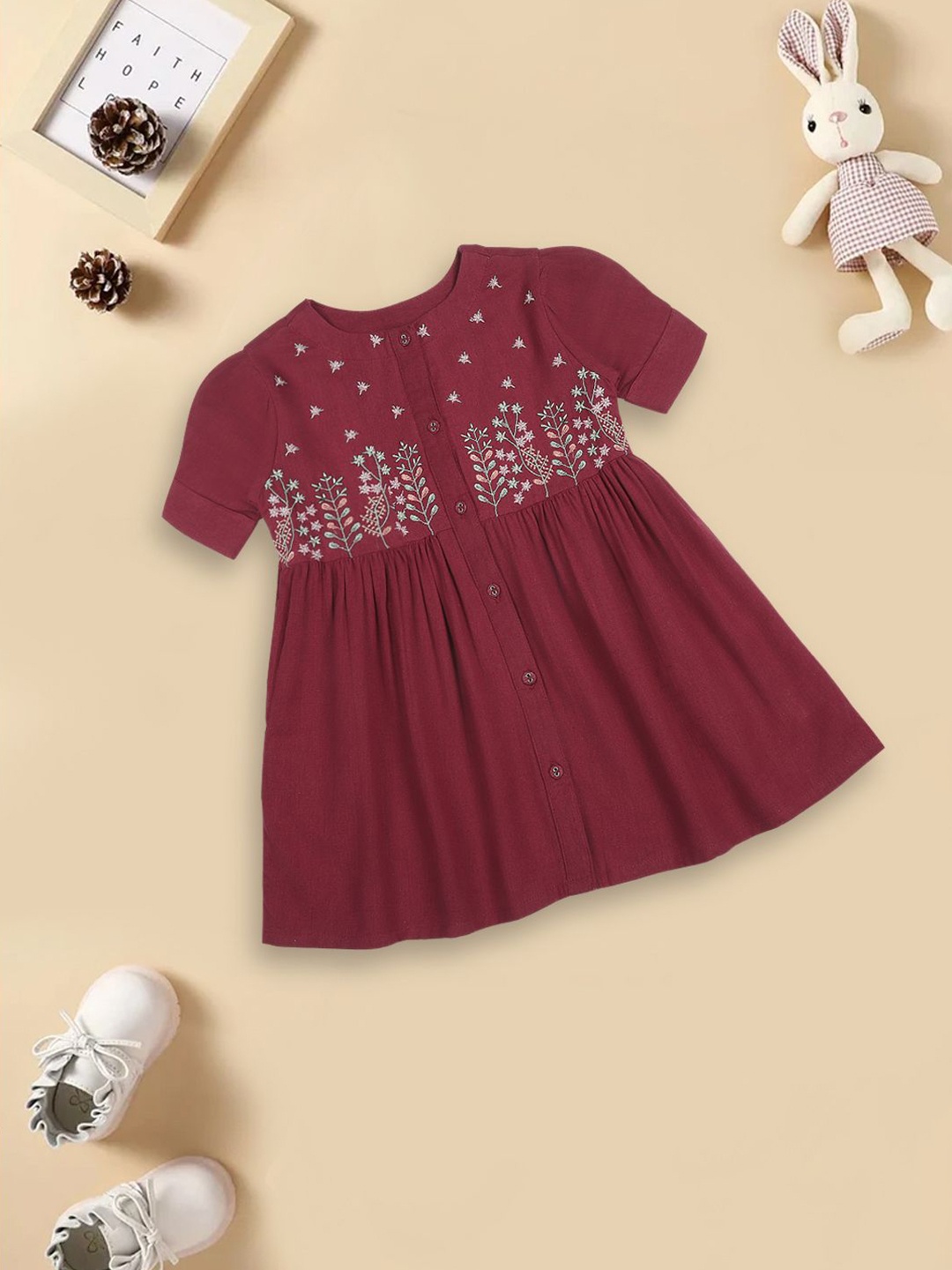 

MeeMee Girls Round Neck Puff Sleeves Fit & Flare Dress, Maroon