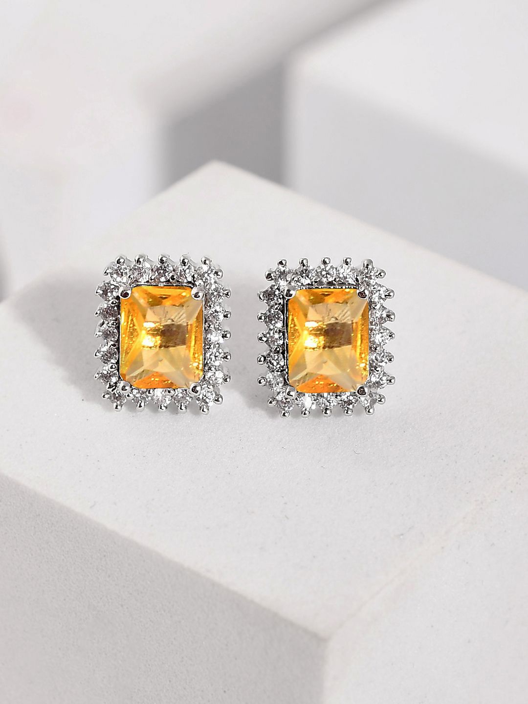 

Voylla Sparkling Elegance Rhodium-Plated American Diamond Studded Square Studs, Silver