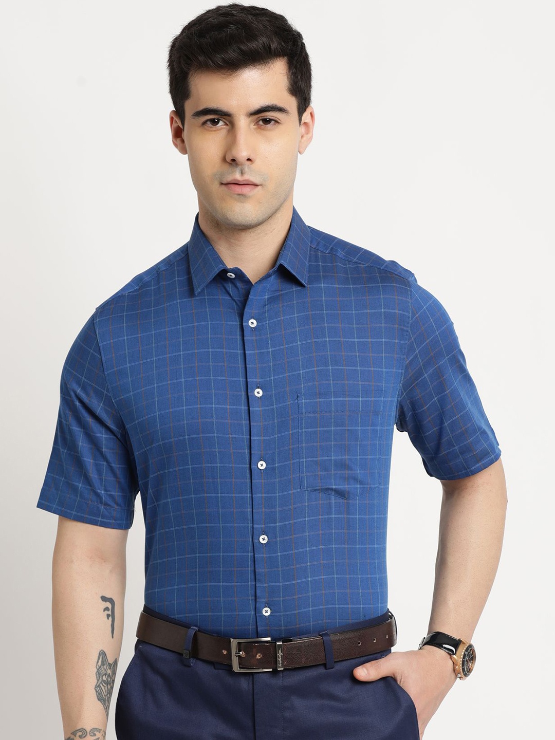 

Turtle Men Standard Grid Tattersall Checked Cotton Formal Shirt, Blue