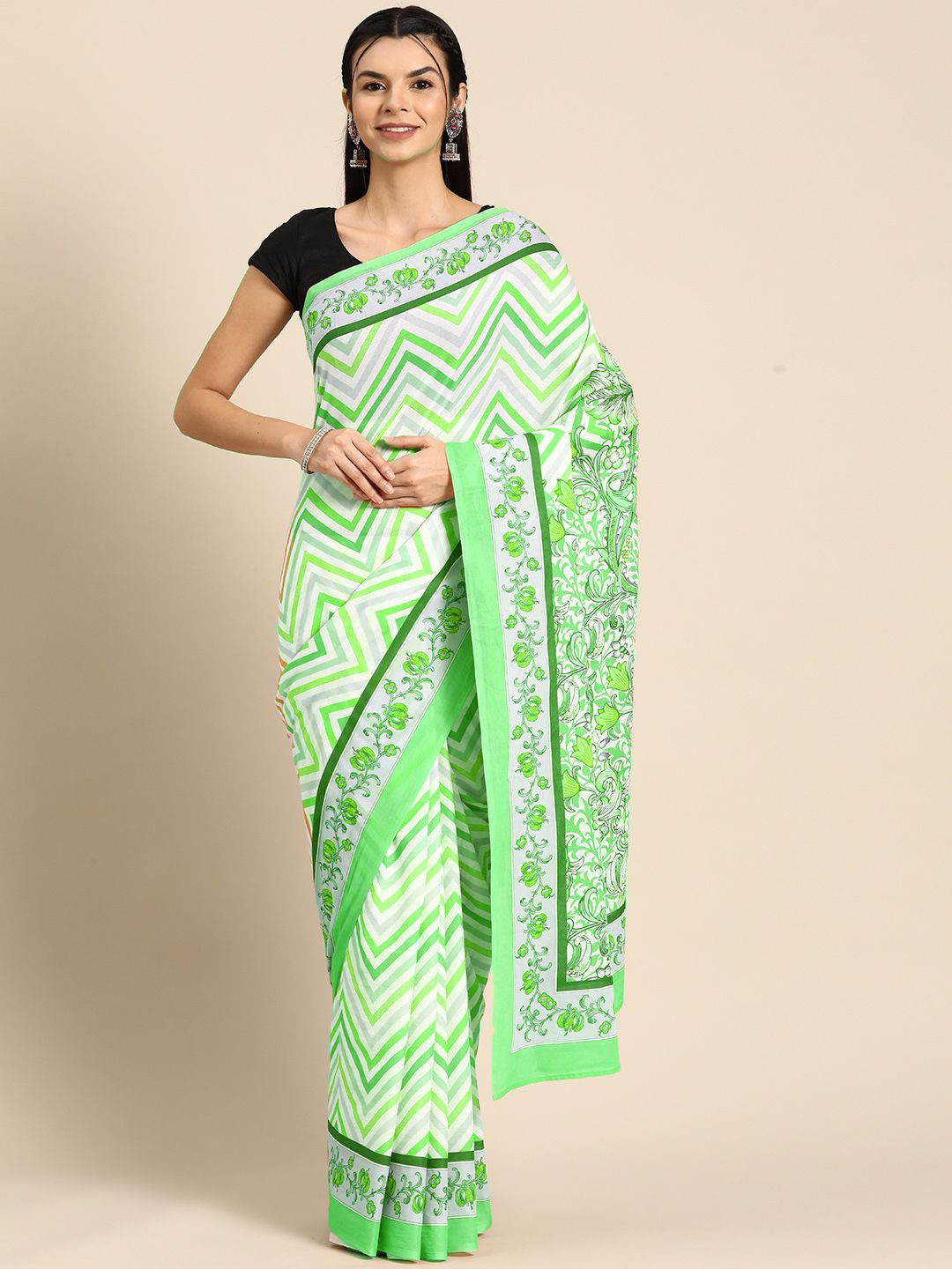 

BUTA BUTI Printed Geomatric Pure Cotton Saree, Green