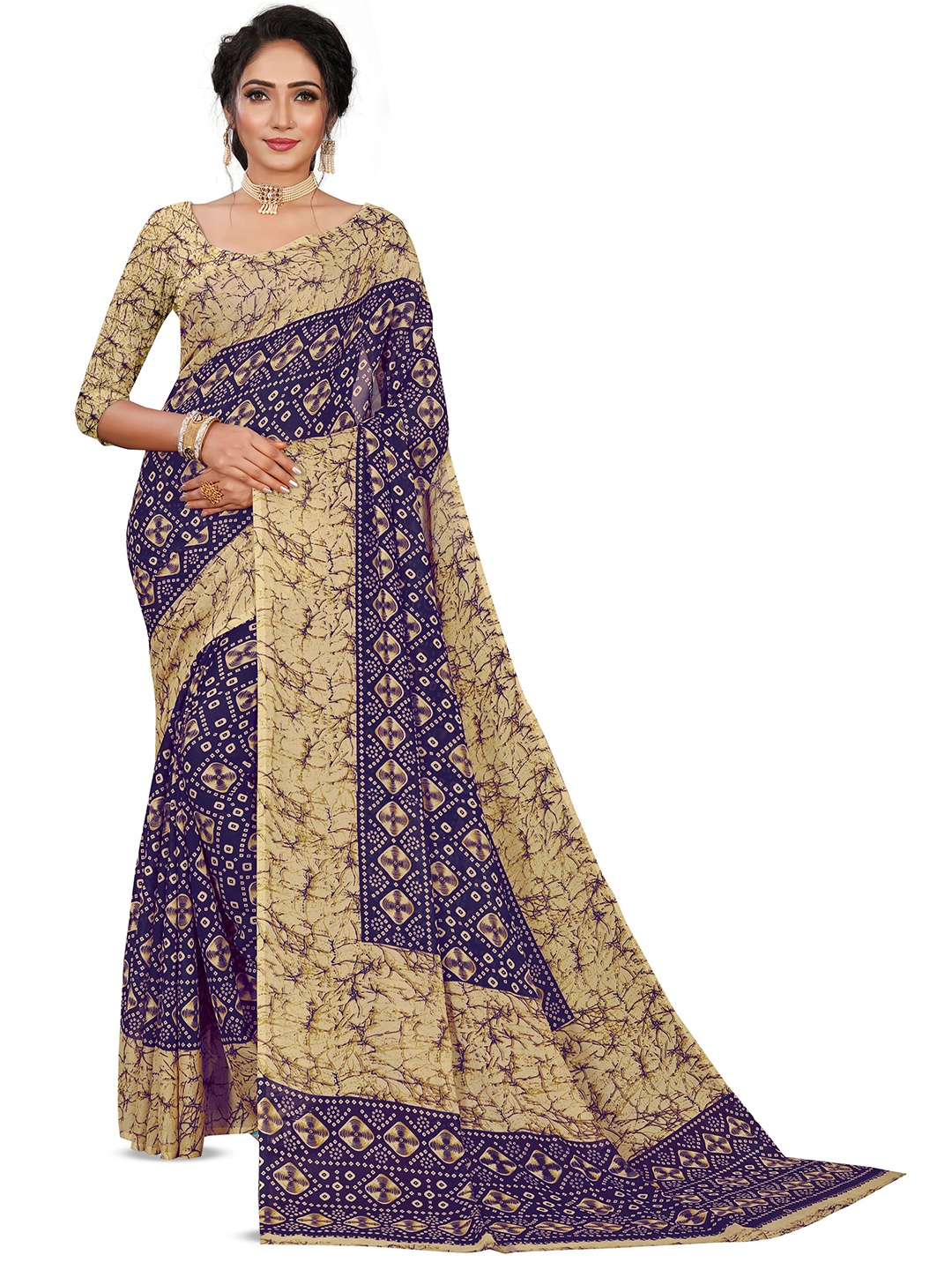 

RUNAYA NX Bandhani Pure Georgette Saree, Blue