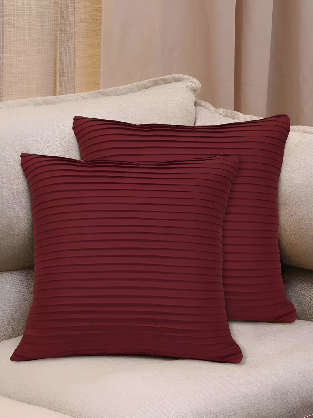 

HOME COLORS.IN Maroon 2 Pieces Striped Square Pure Cotton Cushion Covers