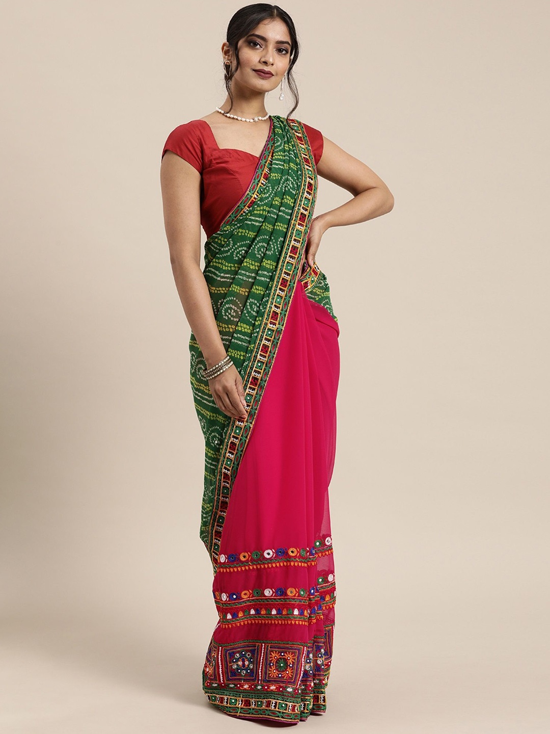 

KALINI Embroidered Pure Georgette Bandhani Saree, Green