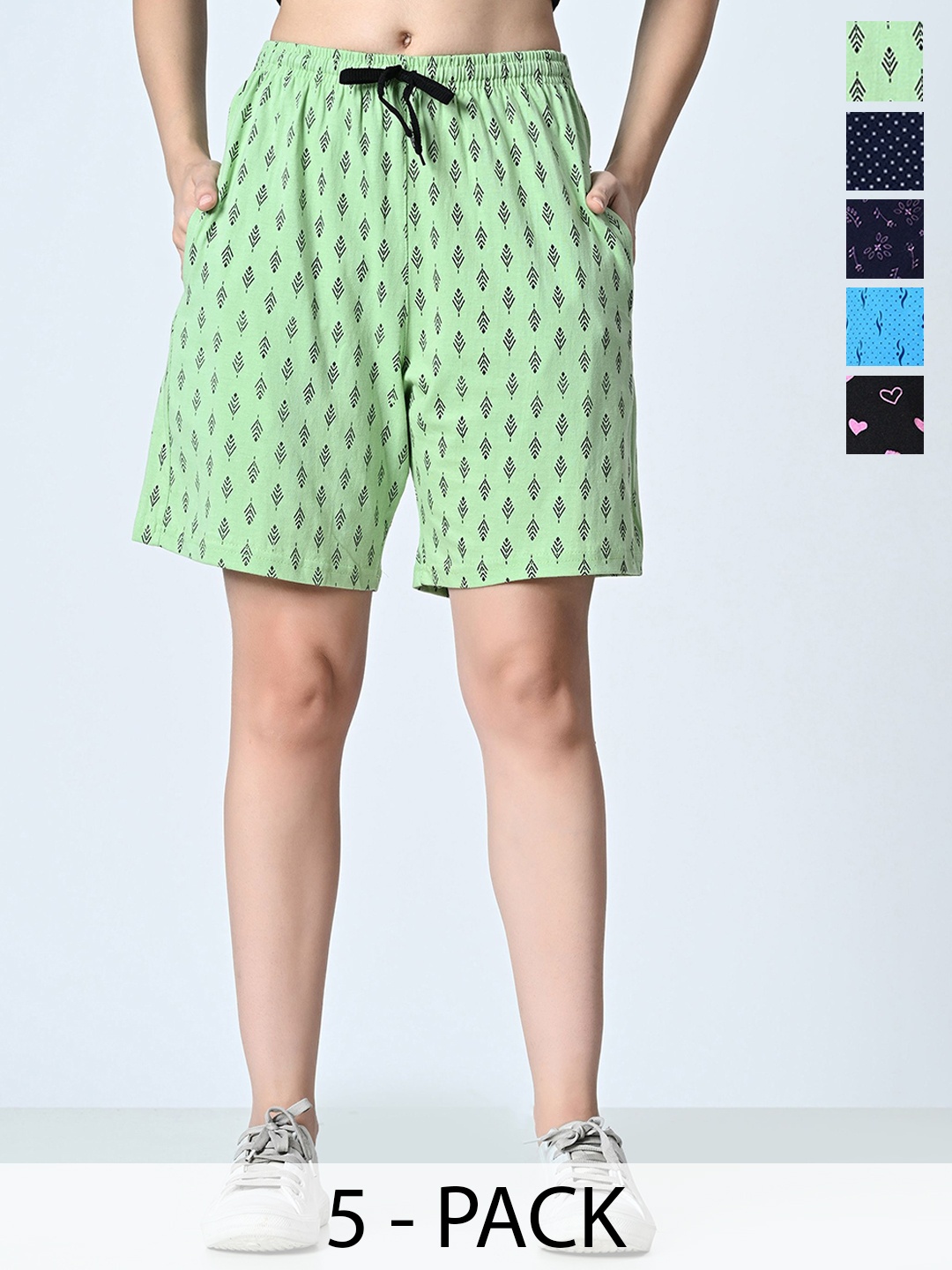 

BAESD Women Pack Of 5 Cotton Printed High-Rise Shorts, Green