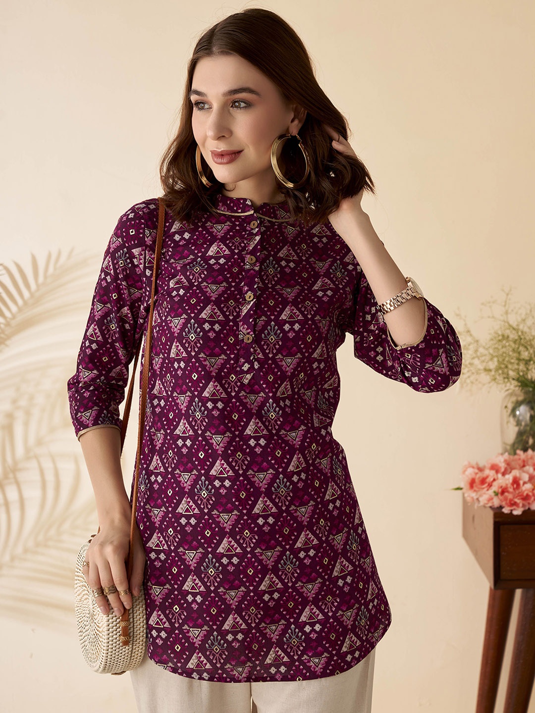 

Anouk Printed Mandarin Collar Tunic, Magenta