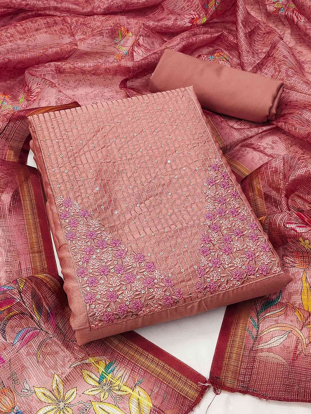 

Peachmode Floral Embroidered Sequinned Pure Cotton Unstitched Dress Material, Peach