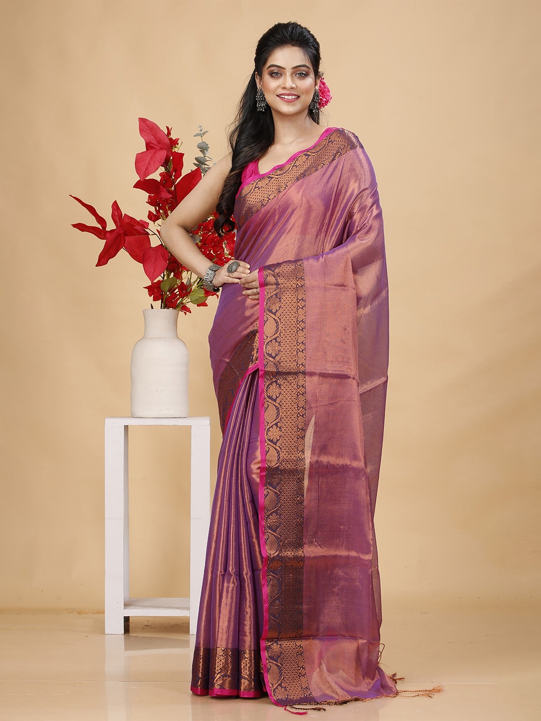 

SLAGHA Zari Tissue Taant Saree, Purple