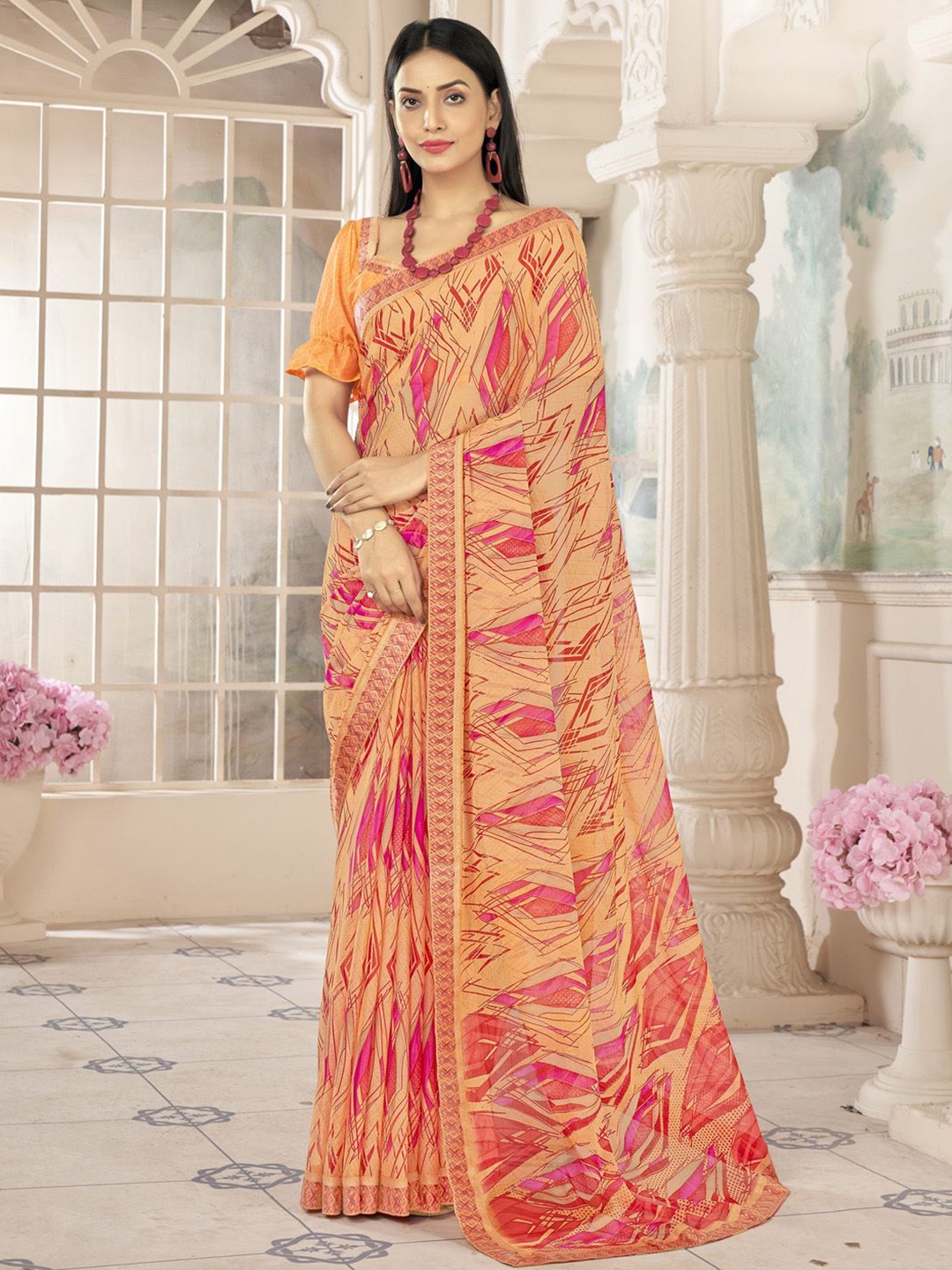 

KALINI Orange Poly Chiffon Ethnic Embellished Saree