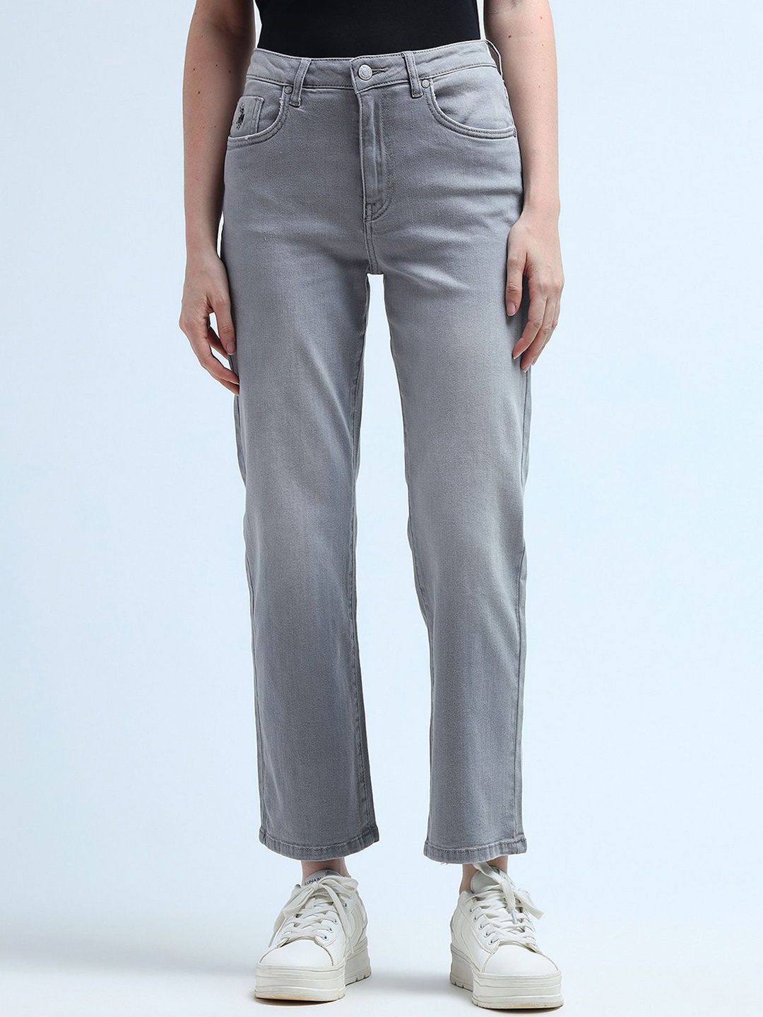 

U.S. Polo Assn. Women Straight Fit Light Fade High-Rise Stretchable Jeans, Grey