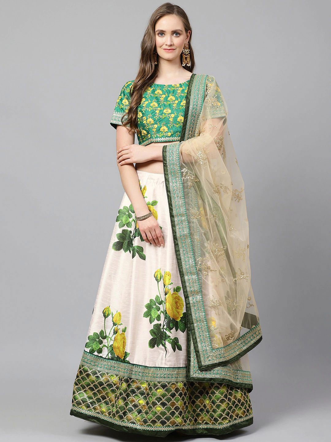 

FABPIXEL Sequin Embroidered Semi-Stitched Lehenga & Unstitched Blouse With Dupatta, Cream